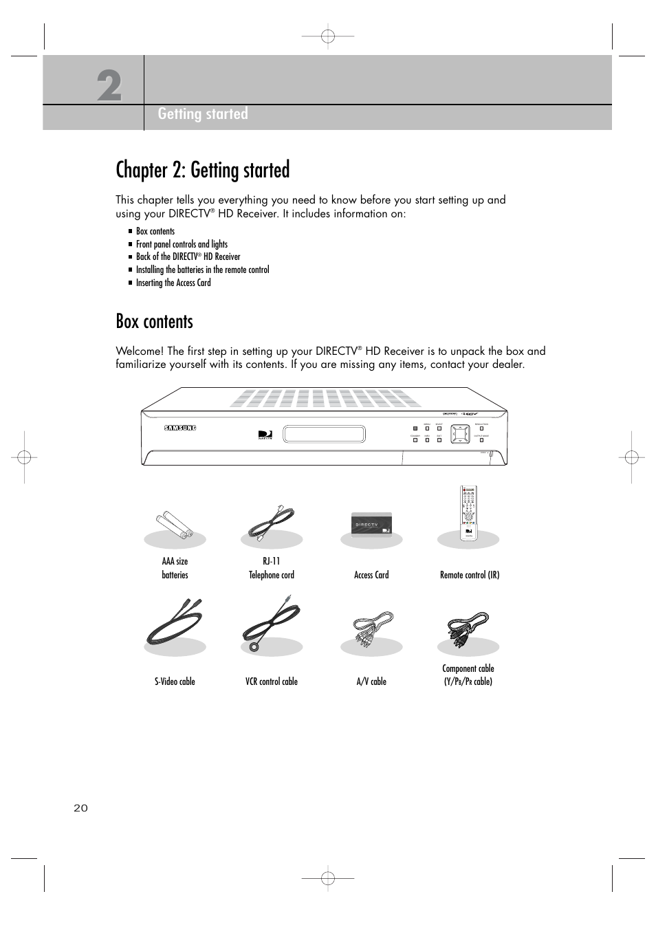 Chapter 2: getting started, Box contents, Chapter 2 getting started | Samsung SIR-TS360 User Manual | Page 20 / 116