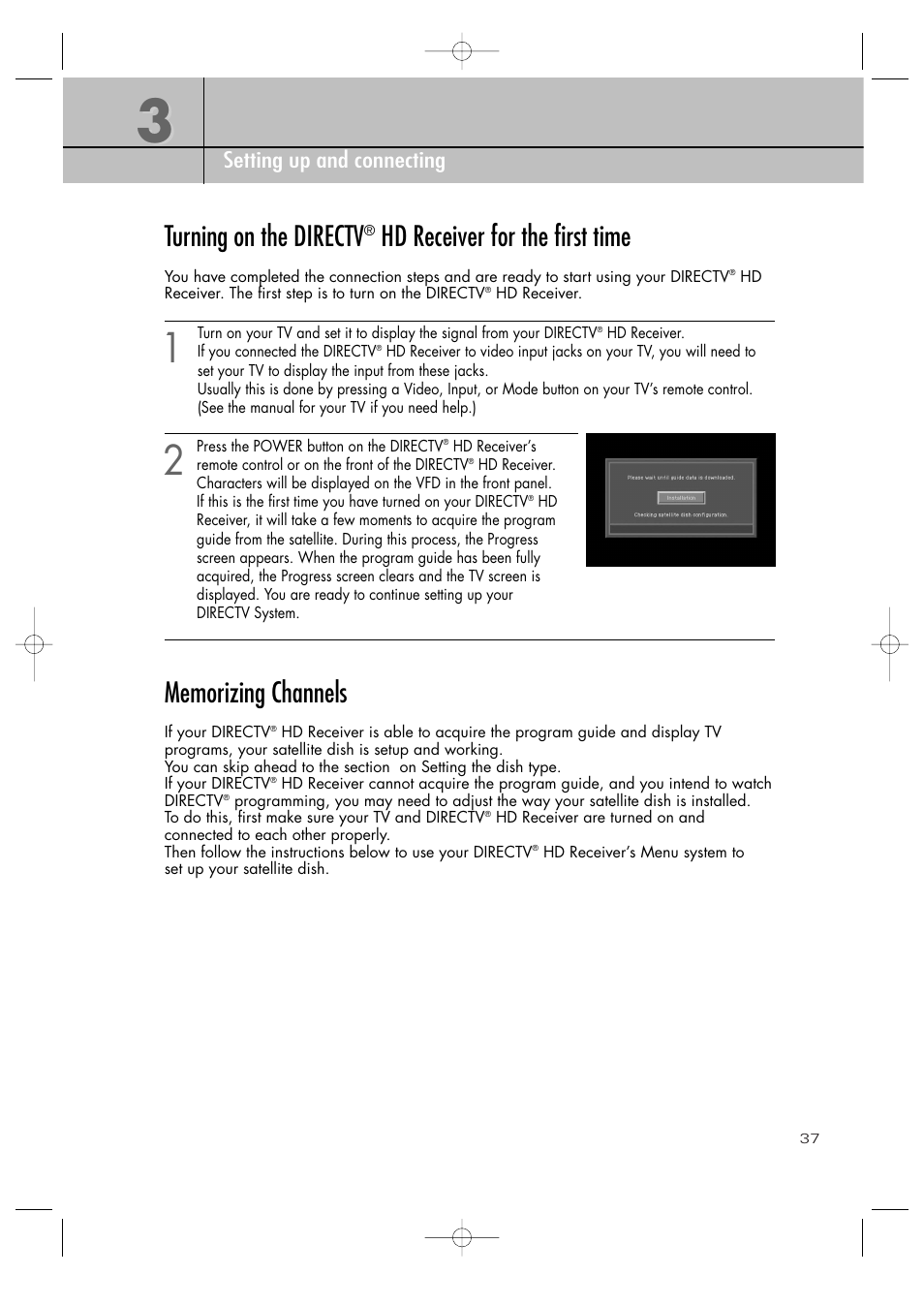 Turning on the directv, Hd receiver for the first time, Chapter 3 setting up and connecting | Samsung SIR-TS360 User Manual | Page 37 / 116