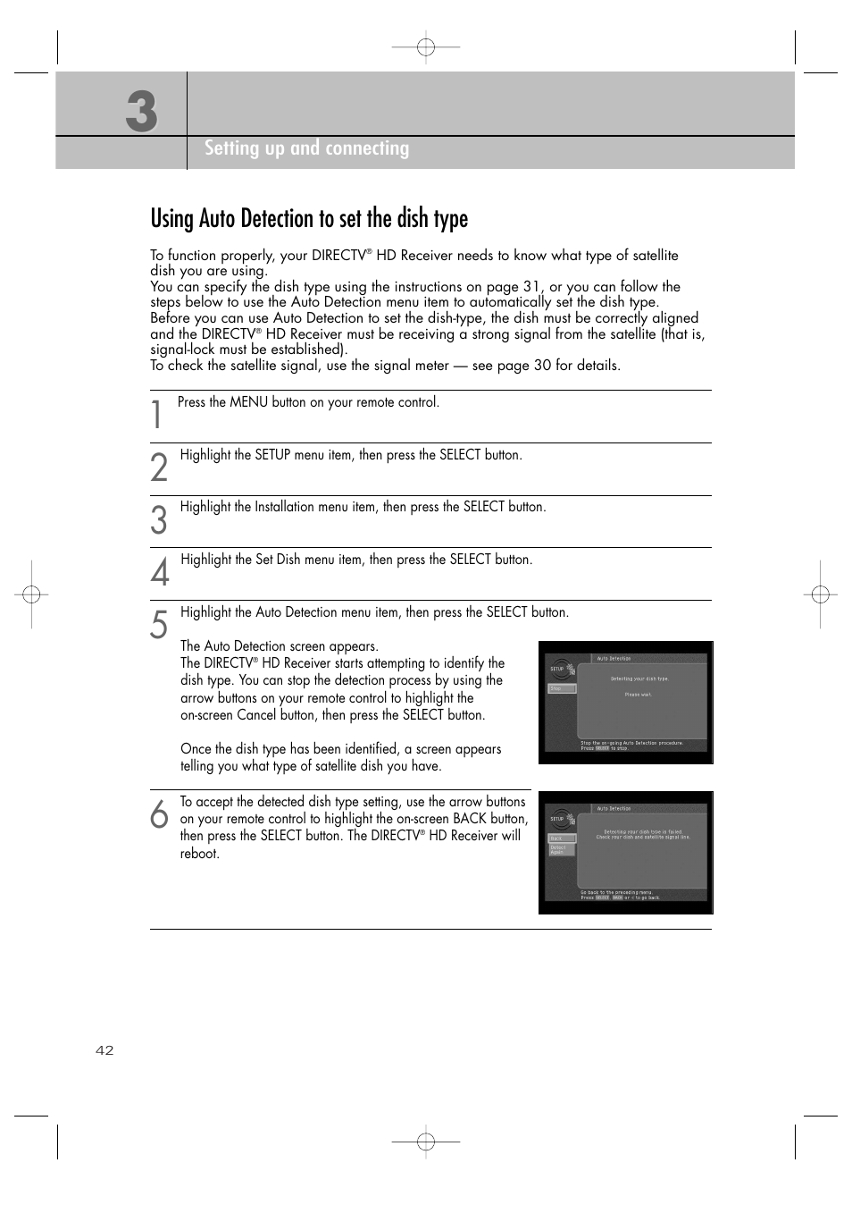 Using auto detection to set the dish type | Samsung SIR-TS360 User Manual | Page 42 / 116