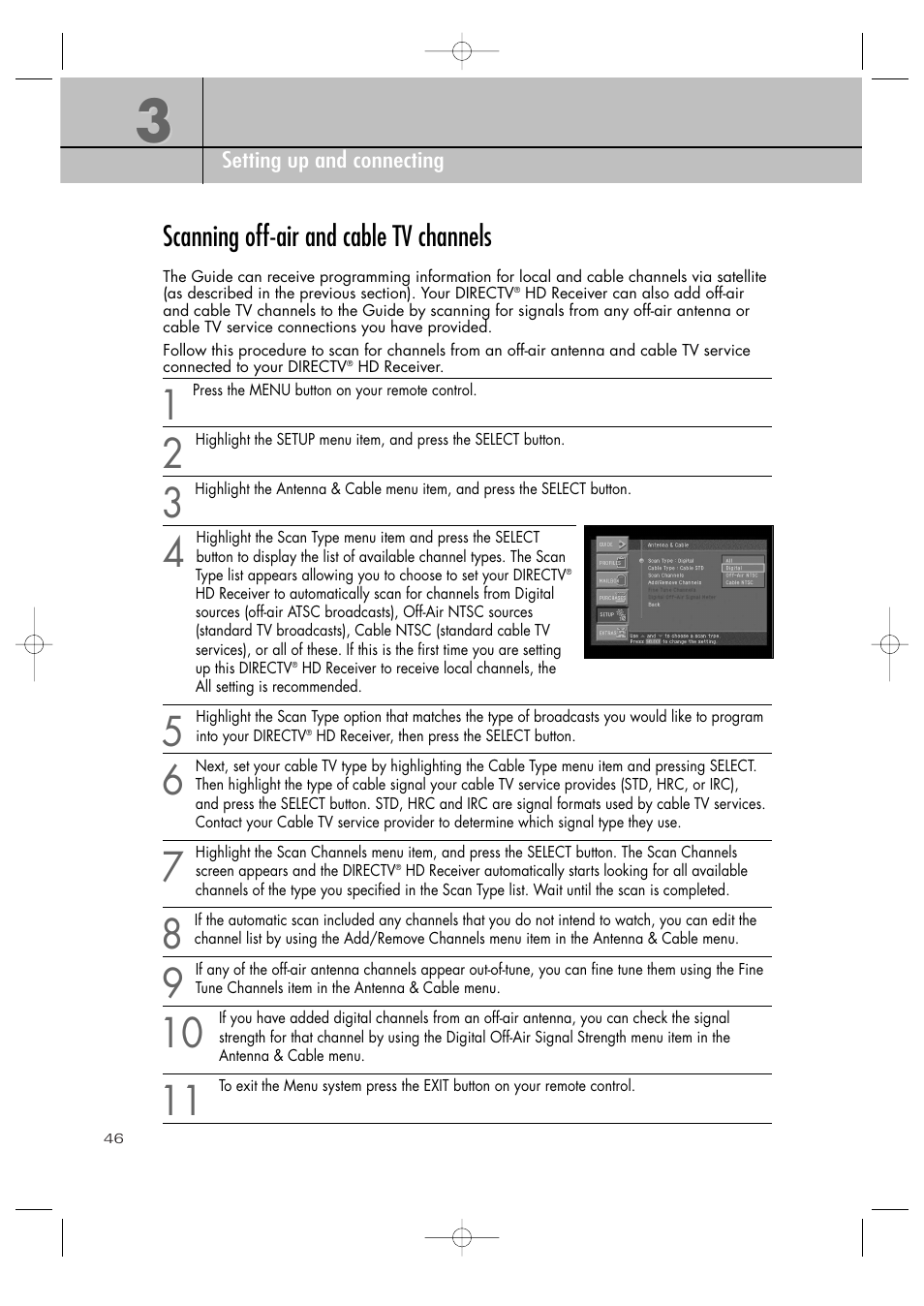 Scanning off-air and cable tv channels | Samsung SIR-TS360 User Manual | Page 46 / 116