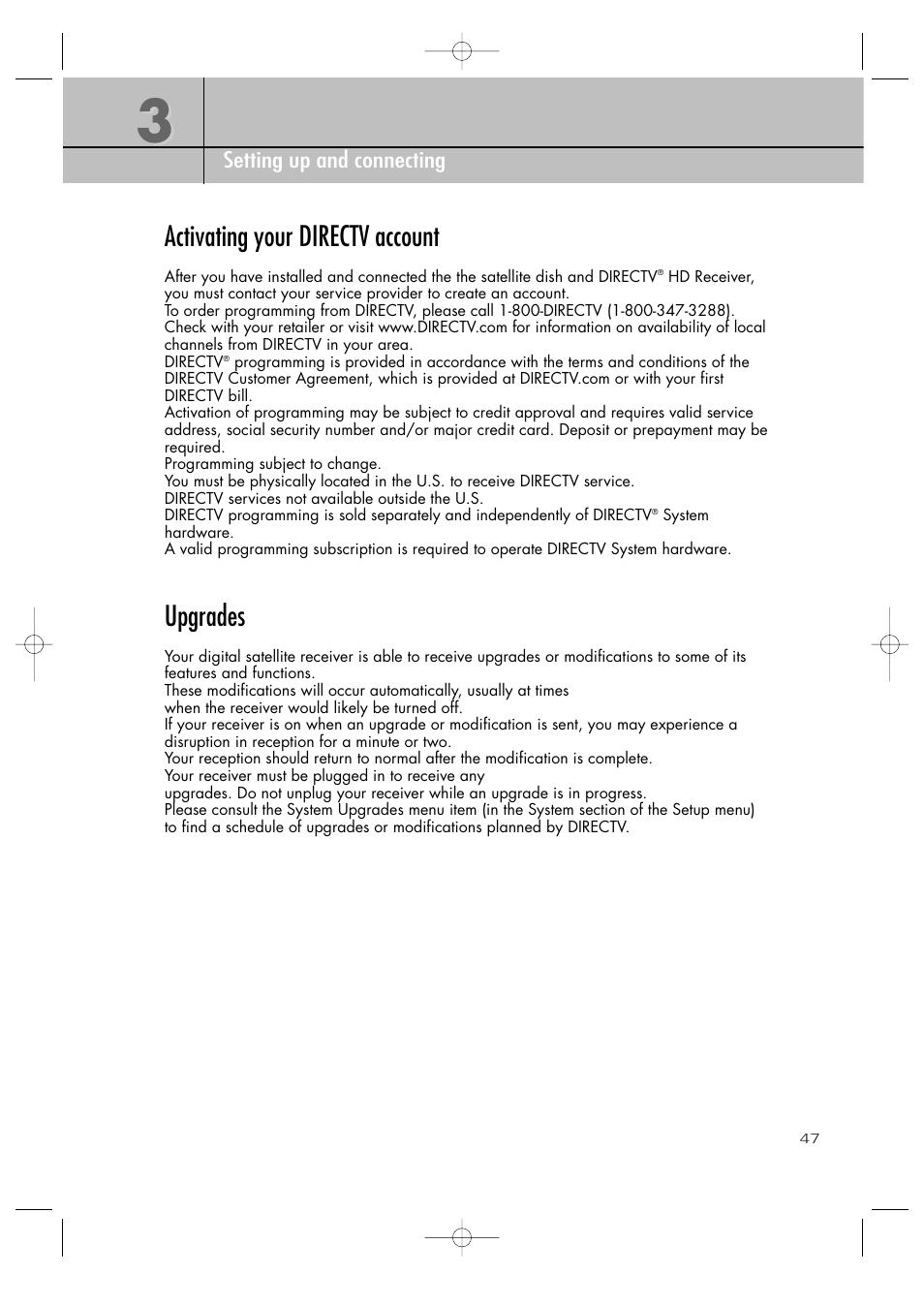 Activating your directv account, Upgrades | Samsung SIR-TS360 User Manual | Page 47 / 116