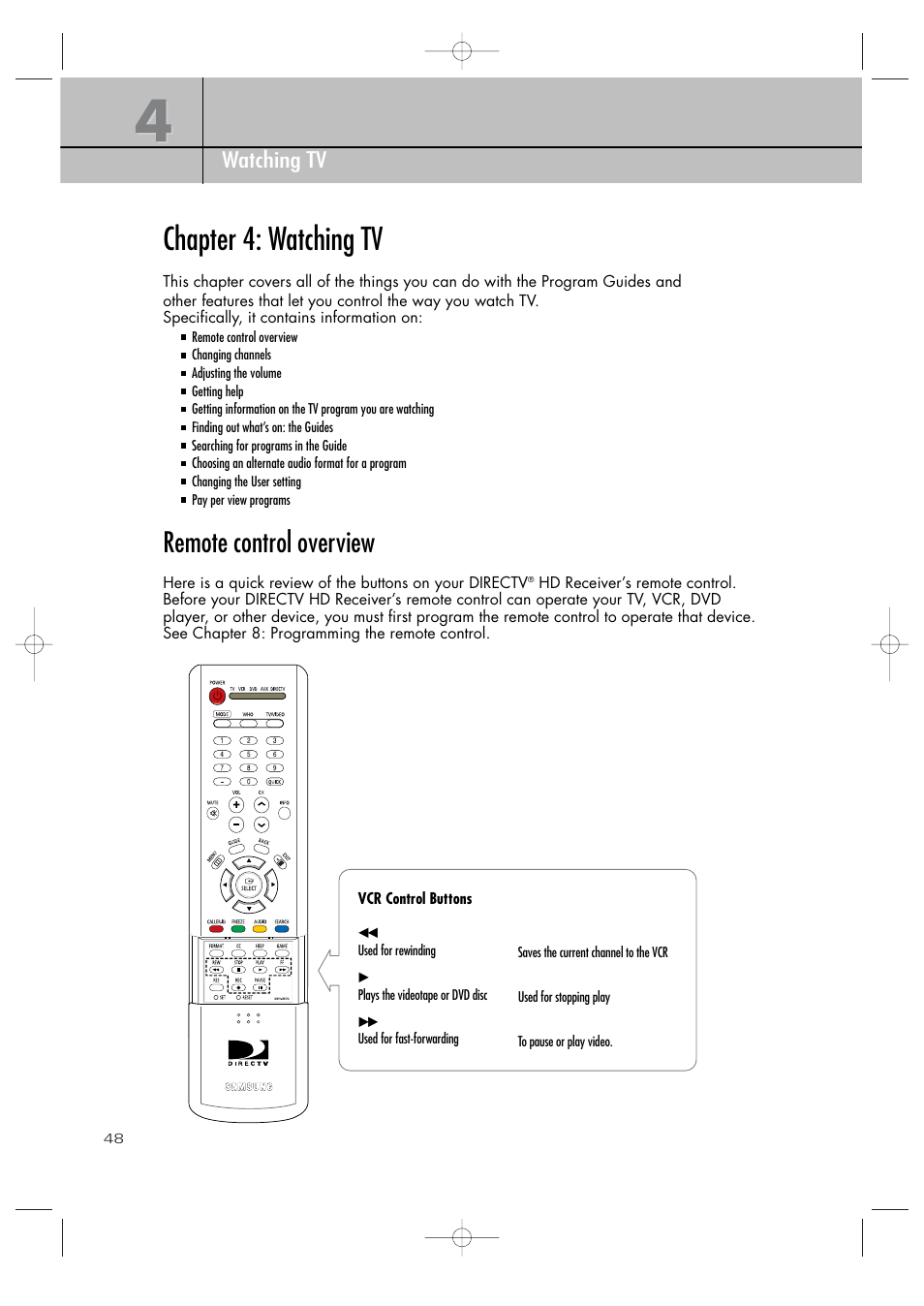 Chapter 4: watching tv, Remote control overview | Samsung SIR-TS360 User Manual | Page 48 / 116