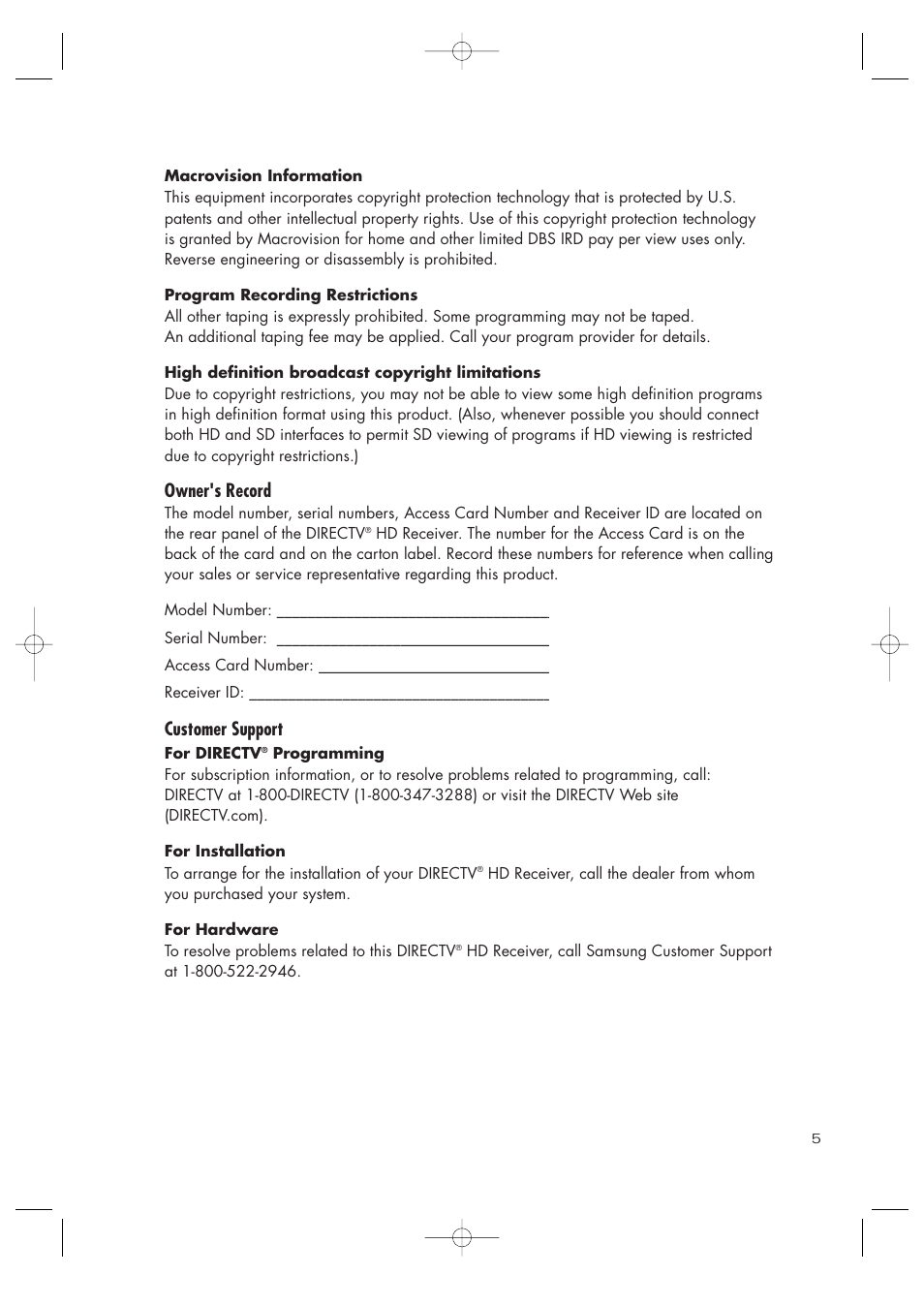 Owner's record, Customer support | Samsung SIR-TS360 User Manual | Page 5 / 116