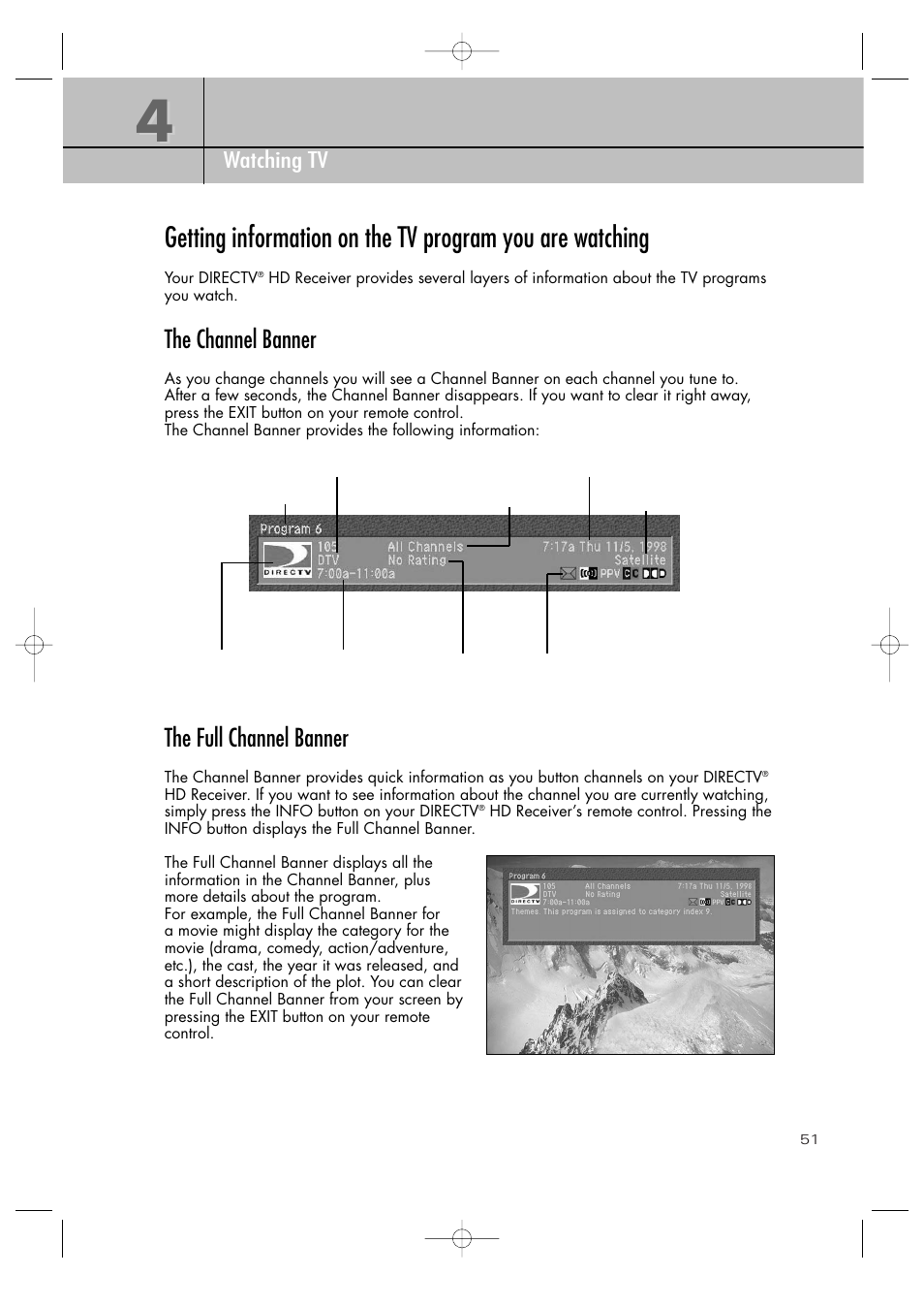 The channel banner, The full channel banner, Chapter 4 watching tv | Samsung SIR-TS360 User Manual | Page 51 / 116