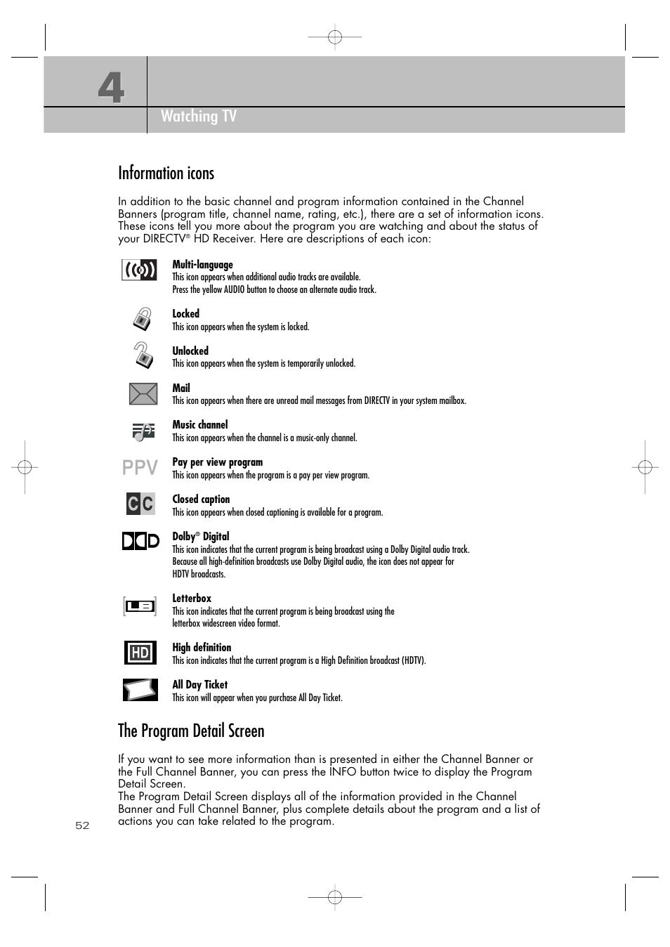 Information icons, The program detail screen, Chapter 4 watching tv | Samsung SIR-TS360 User Manual | Page 52 / 116