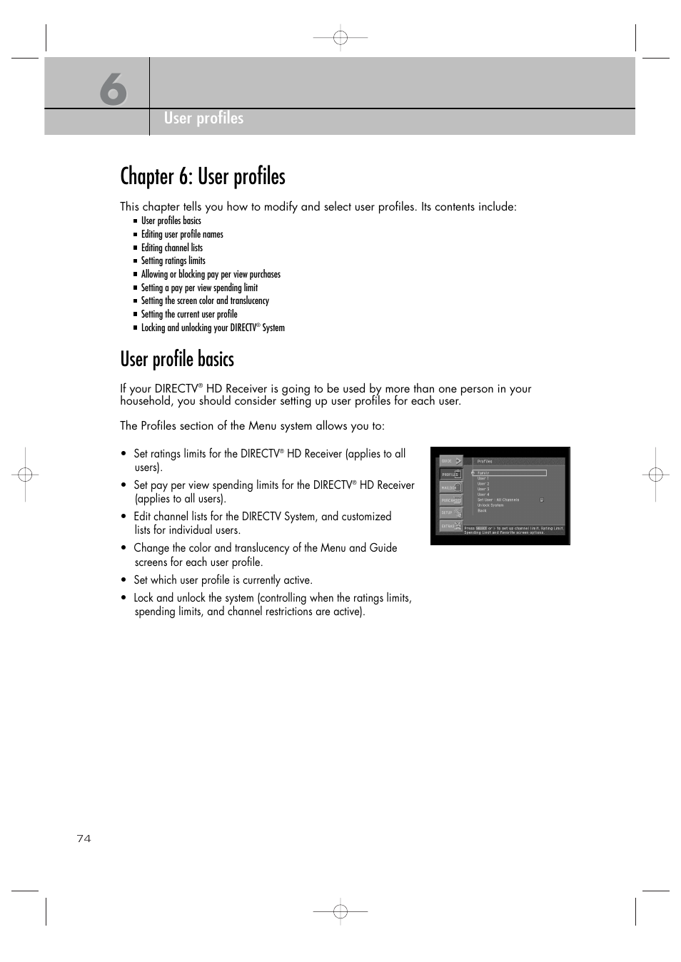 Chapter 6: user profiles, User profile basics, Chapter 6 user profiles | Samsung SIR-TS360 User Manual | Page 74 / 116