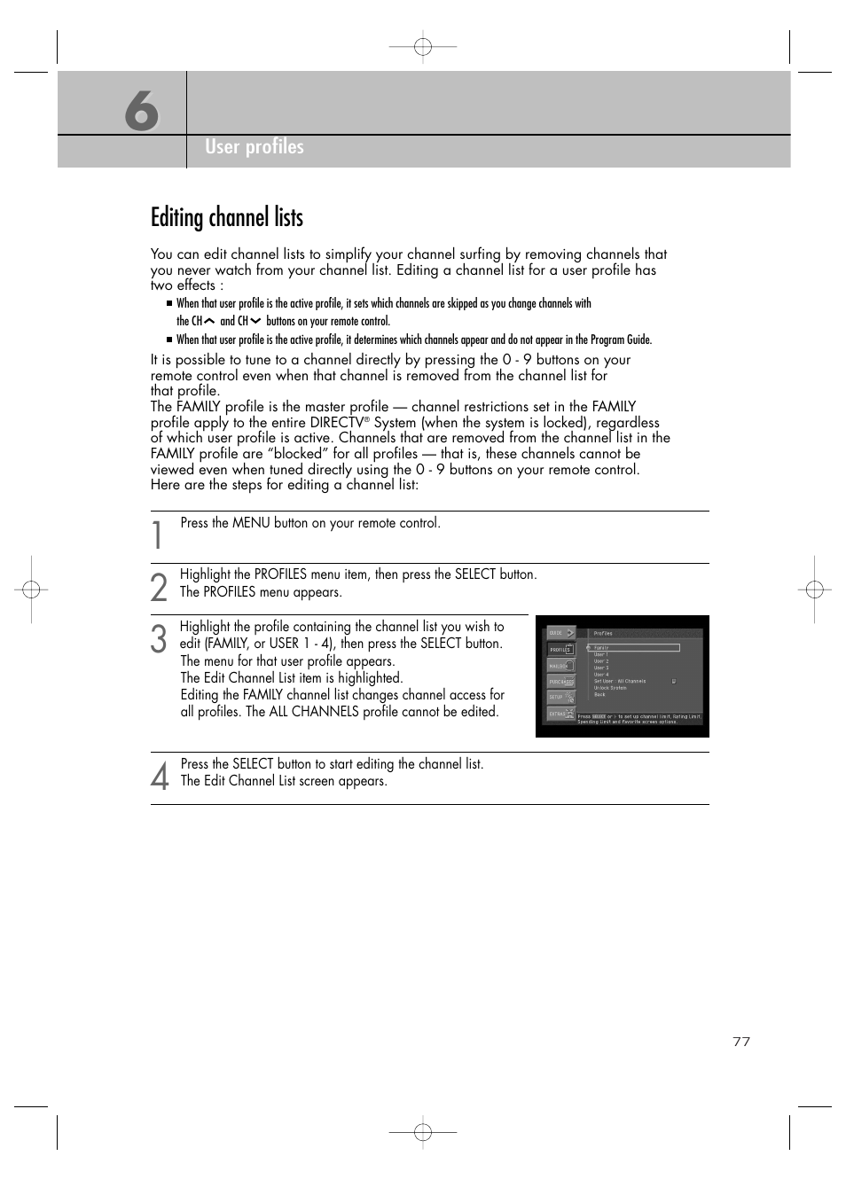 Editing channel lists | Samsung SIR-TS360 User Manual | Page 77 / 116