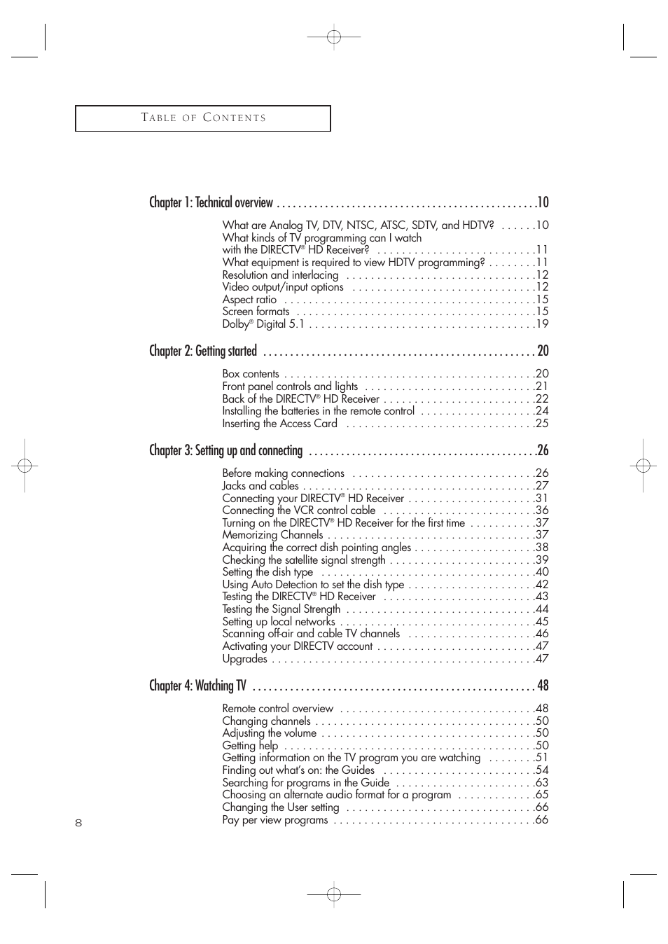 Chapter 1: technical overview, Chapter 2: getting started, Chapter 3: setting up and connecting | Chapter 4: watching tv | Samsung SIR-TS360 User Manual | Page 8 / 116