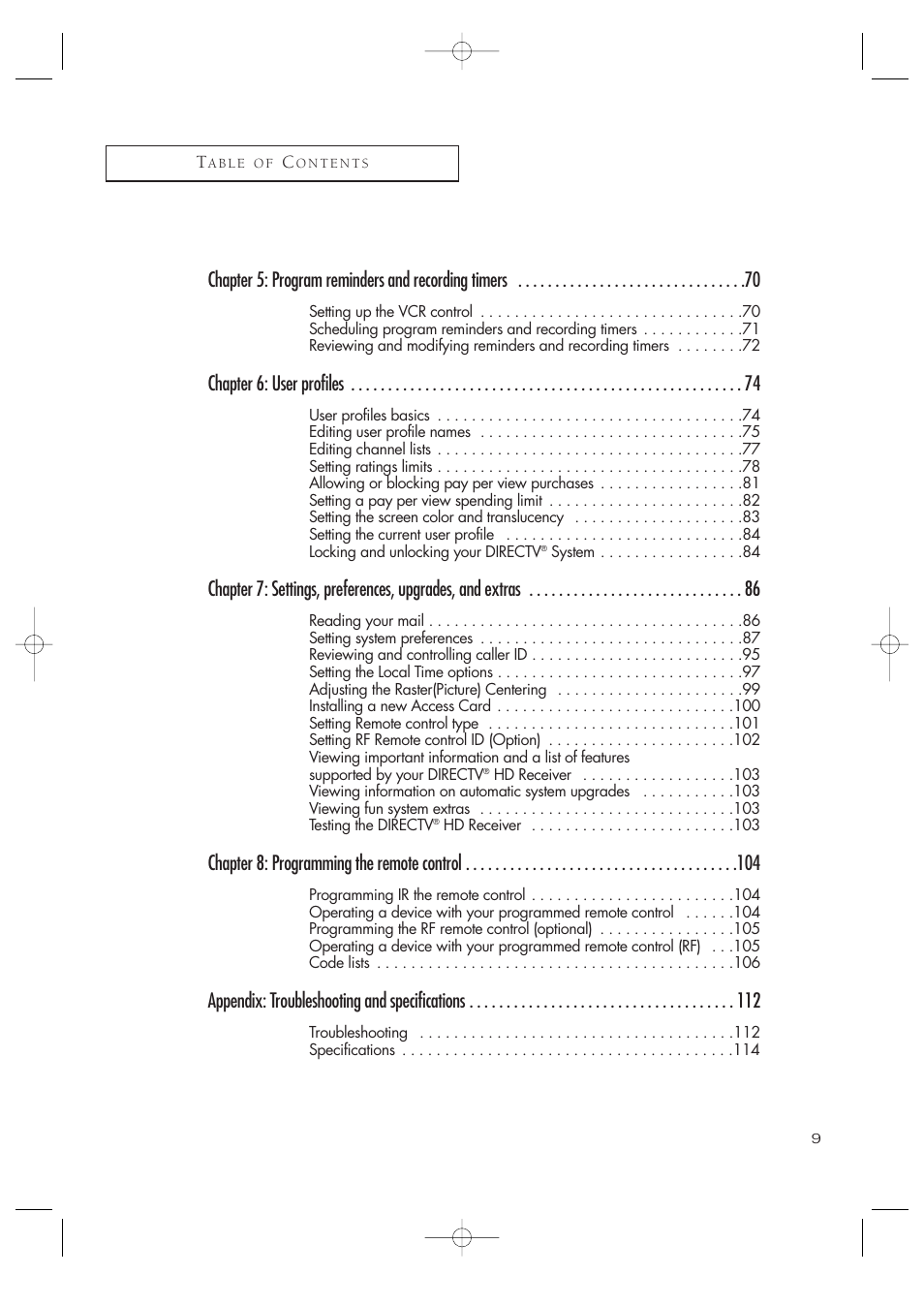 Chapter 5: program reminders and recording timers, Chapter 6: user profiles, Chapter 8: programming the remote control | Appendix: troubleshooting and specifications | Samsung SIR-TS360 User Manual | Page 9 / 116