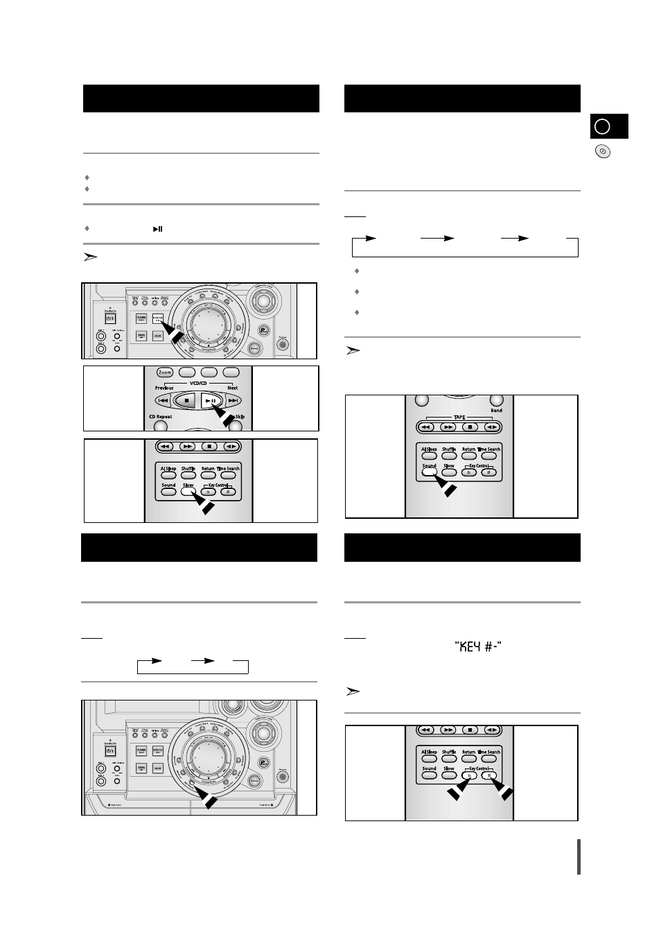 When adjusting play speed, Sound selection function, Key control function ntsc/pal selection method | Samsung MAX-VB630G User Manual | Page 17 / 30