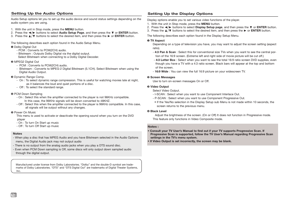 Setting up the audio options, Setting up the display options | Samsung AK68-01906A User Manual | Page 10 / 16