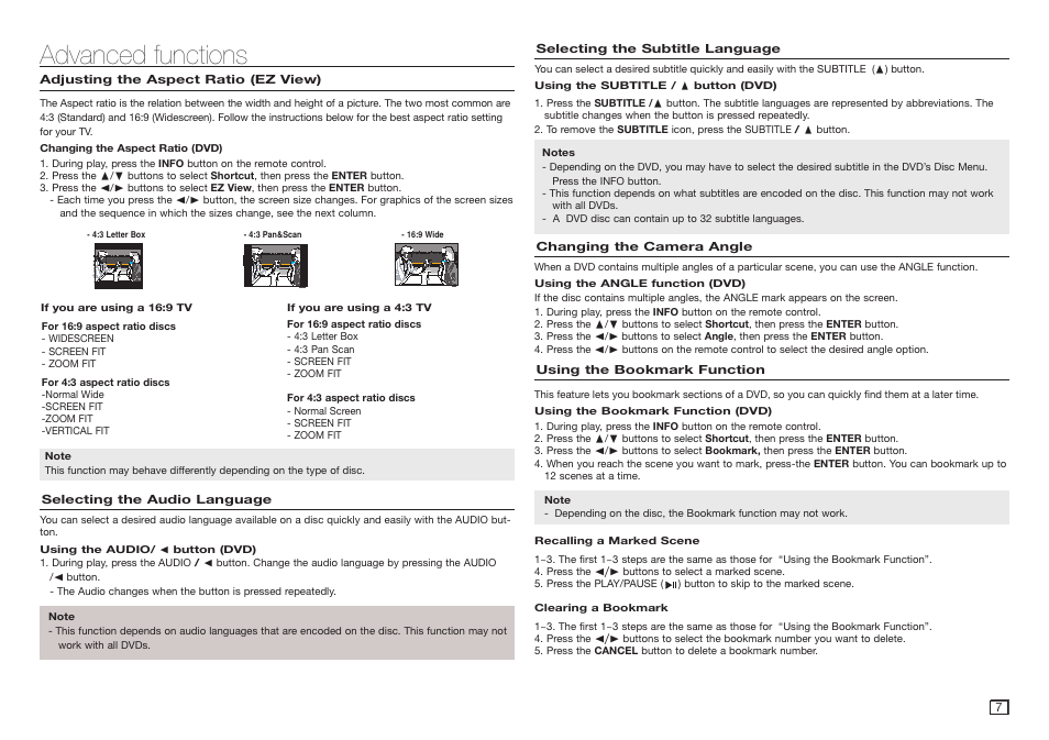 Advanced functions, Adjusting the aspect ratio (ez view), Selecting the audio language | Selecting the subtitle language, Changing the camera angle, Using the bookmark function | Samsung AK68-01906A User Manual | Page 7 / 16