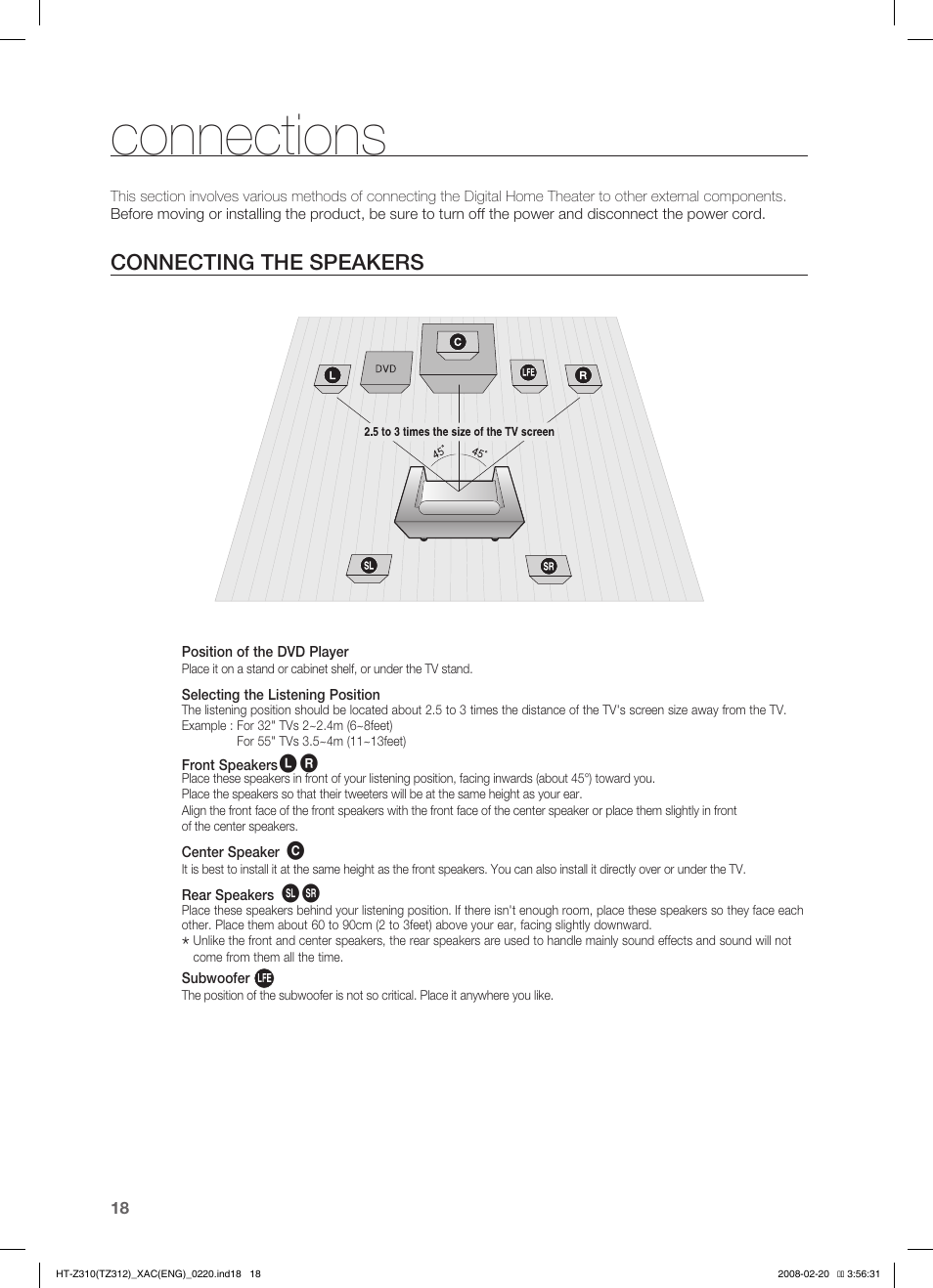 Connections, Connecting the speakers | Samsung HT-Z310 User Manual | Page 19 / 72