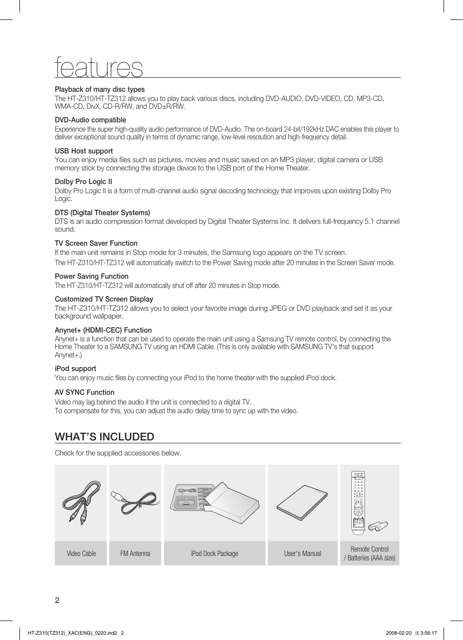 Features, What’s included | Samsung HT-Z310 User Manual | Page 3 / 72