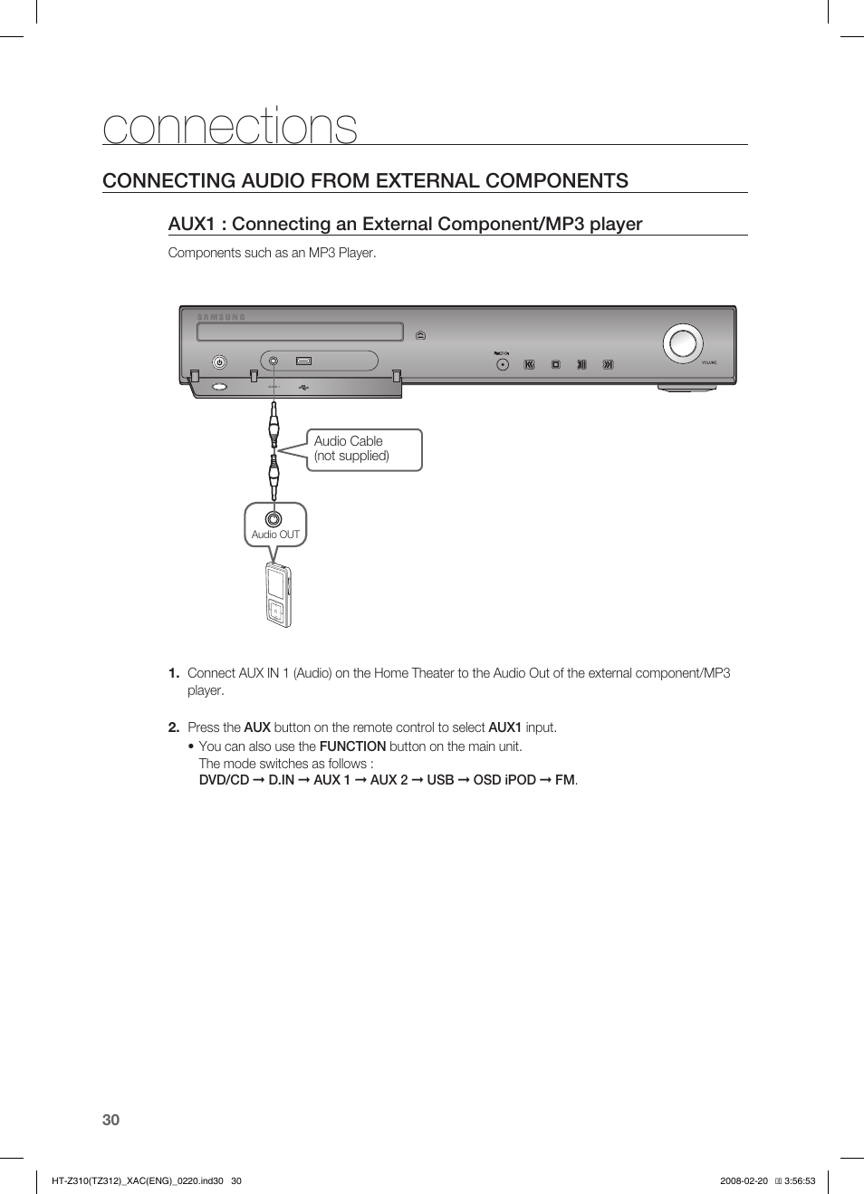 Connections, Connecting audio from external components | Samsung HT-Z310 User Manual | Page 31 / 72