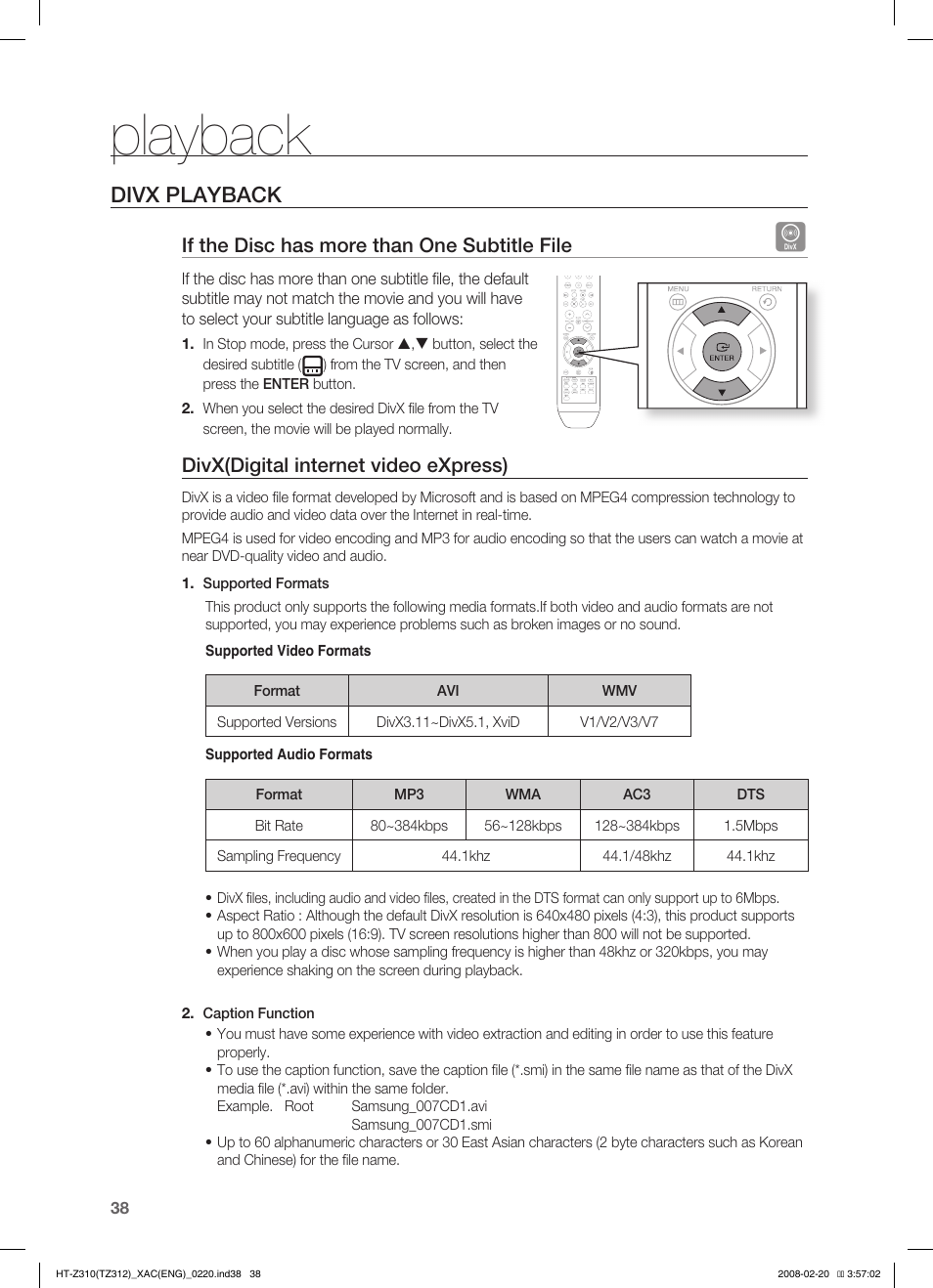 Playback, Divx playback, If the disc has more than one subtitle file | Divx(digital internet video express) | Samsung HT-Z310 User Manual | Page 39 / 72