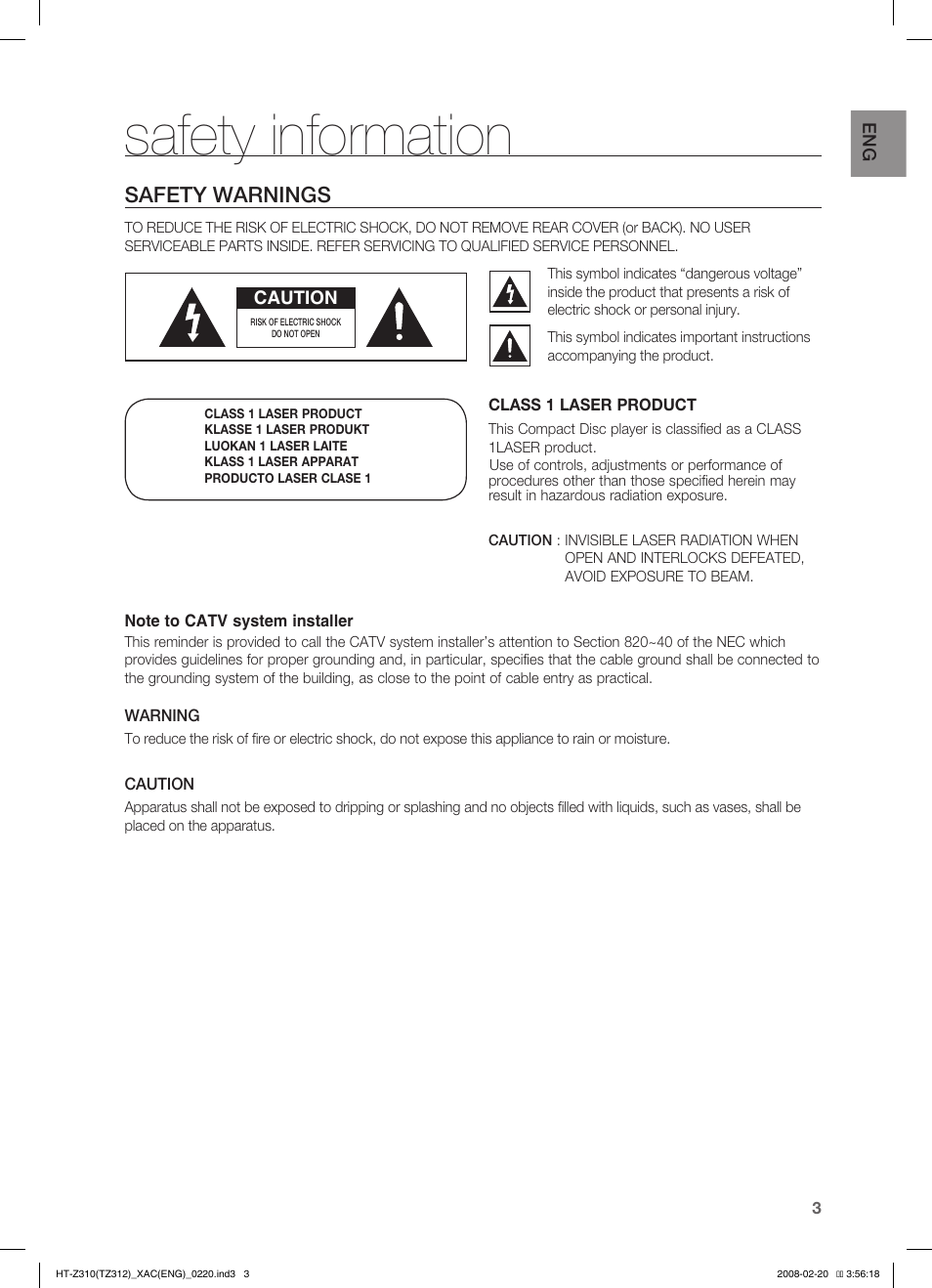 Safety information, Safety warnings | Samsung HT-Z310 User Manual | Page 4 / 72