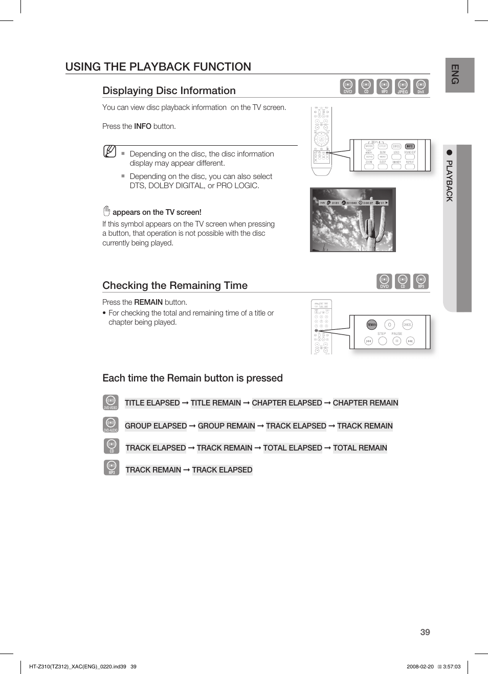 Dbagd, Using the playback function | Samsung HT-Z310 User Manual | Page 40 / 72