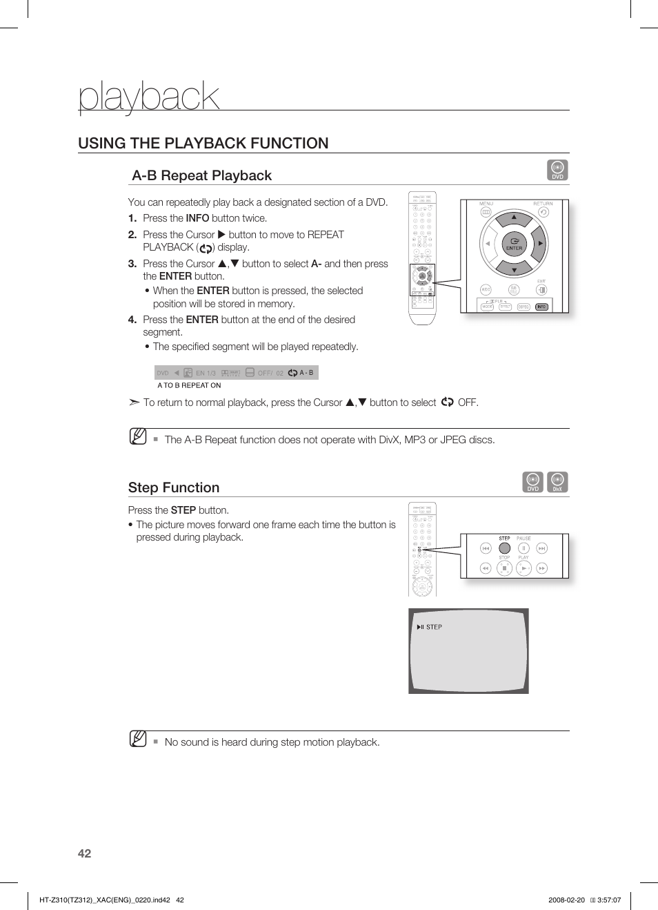 Playback, Using the playback function | Samsung HT-Z310 User Manual | Page 43 / 72