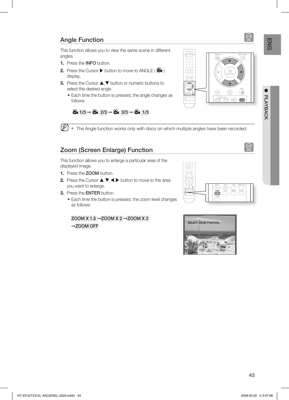 Angle function, Zoom (screen enlarge) function | Samsung HT-Z310 User Manual | Page 44 / 72