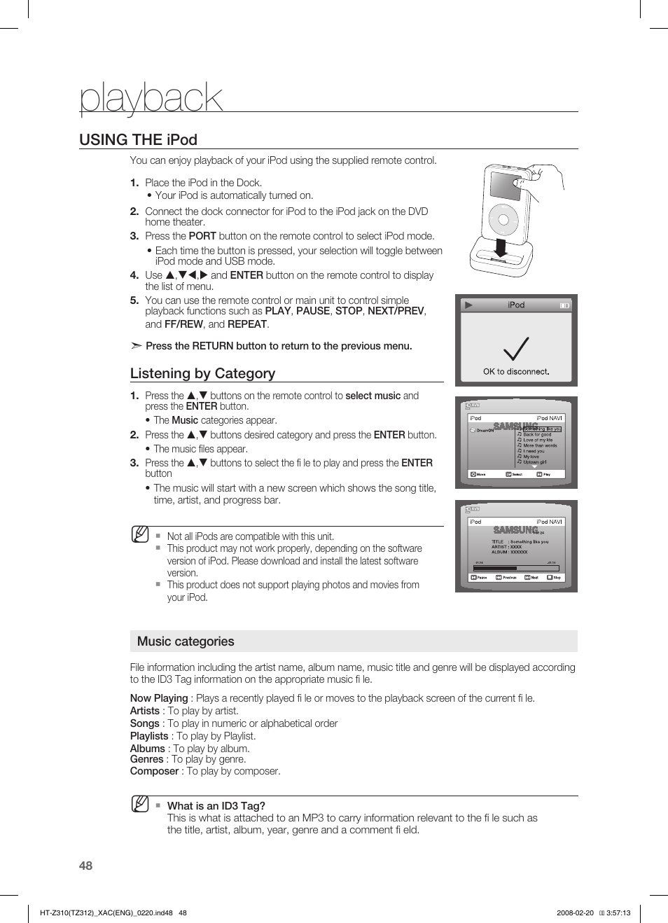 Playback, Using the ipod, Listening by category | Samsung HT-Z310 User Manual | Page 49 / 72