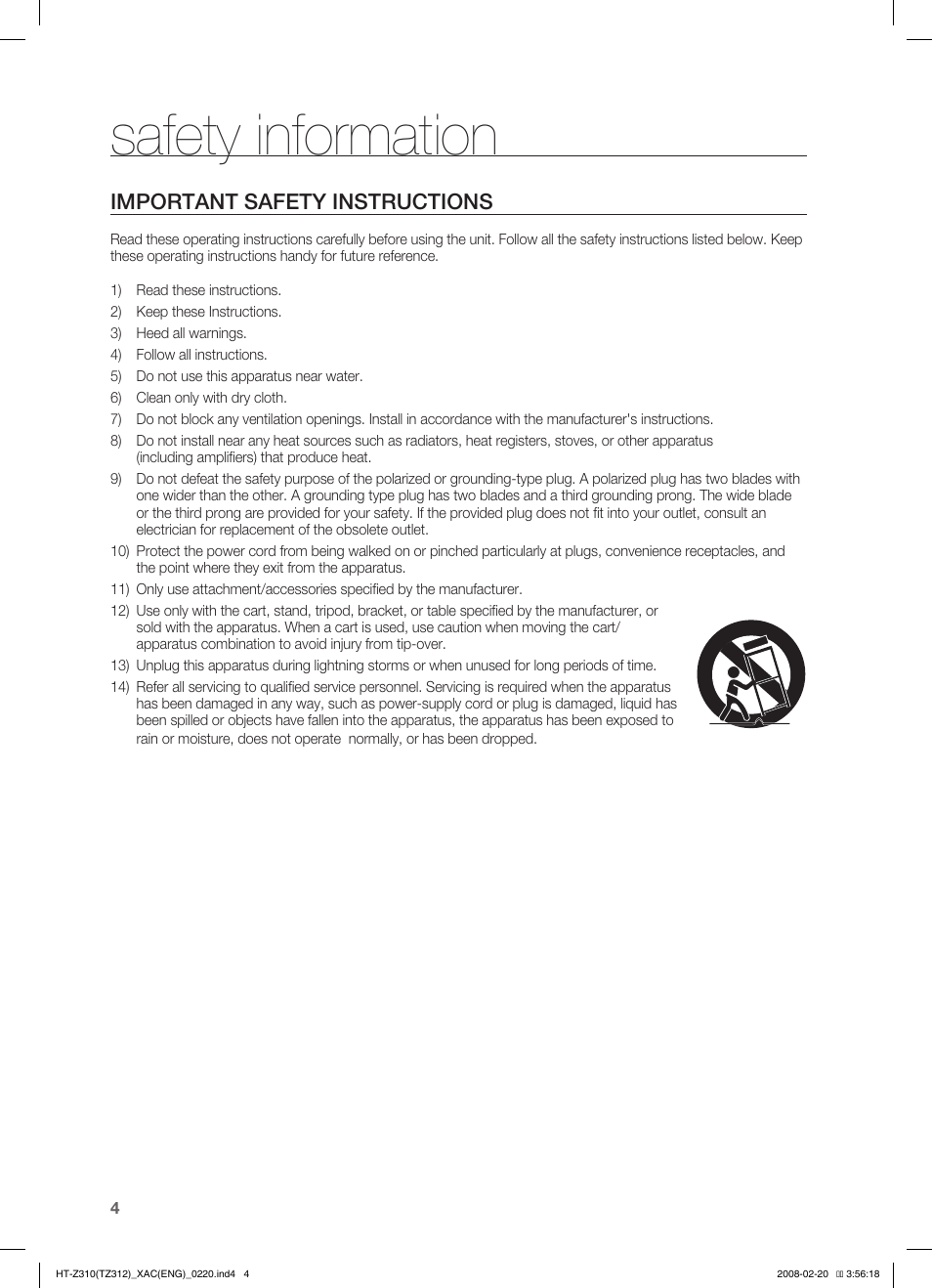 Safety information, Important safety instructions | Samsung HT-Z310 User Manual | Page 5 / 72