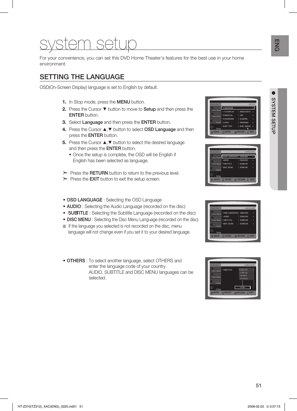 System setup, Setting the language | Samsung HT-Z310 User Manual | Page 52 / 72