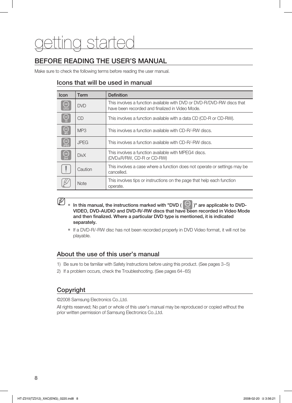 Getting started | Samsung HT-Z310 User Manual | Page 9 / 72