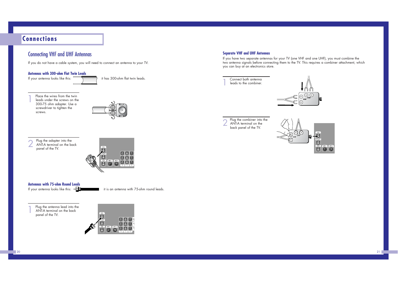 Connections, Connecting vhf and uhf antennas | Samsung HLN617W1 User Manual | Page 11 / 48