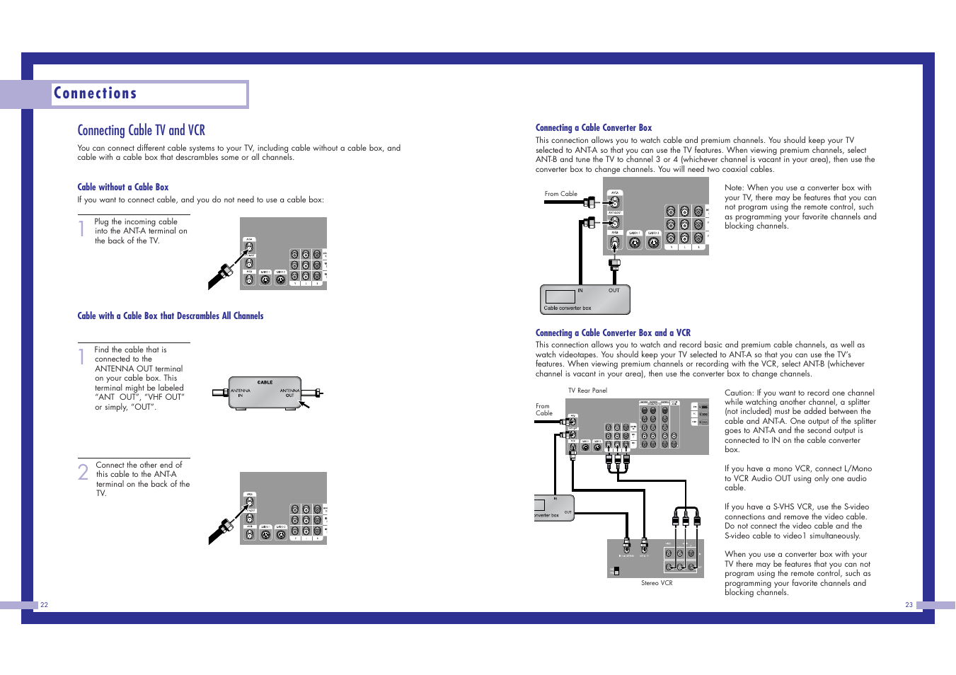 Connections, Connecting cable tv and vcr | Samsung HLN617W1 User Manual | Page 12 / 48