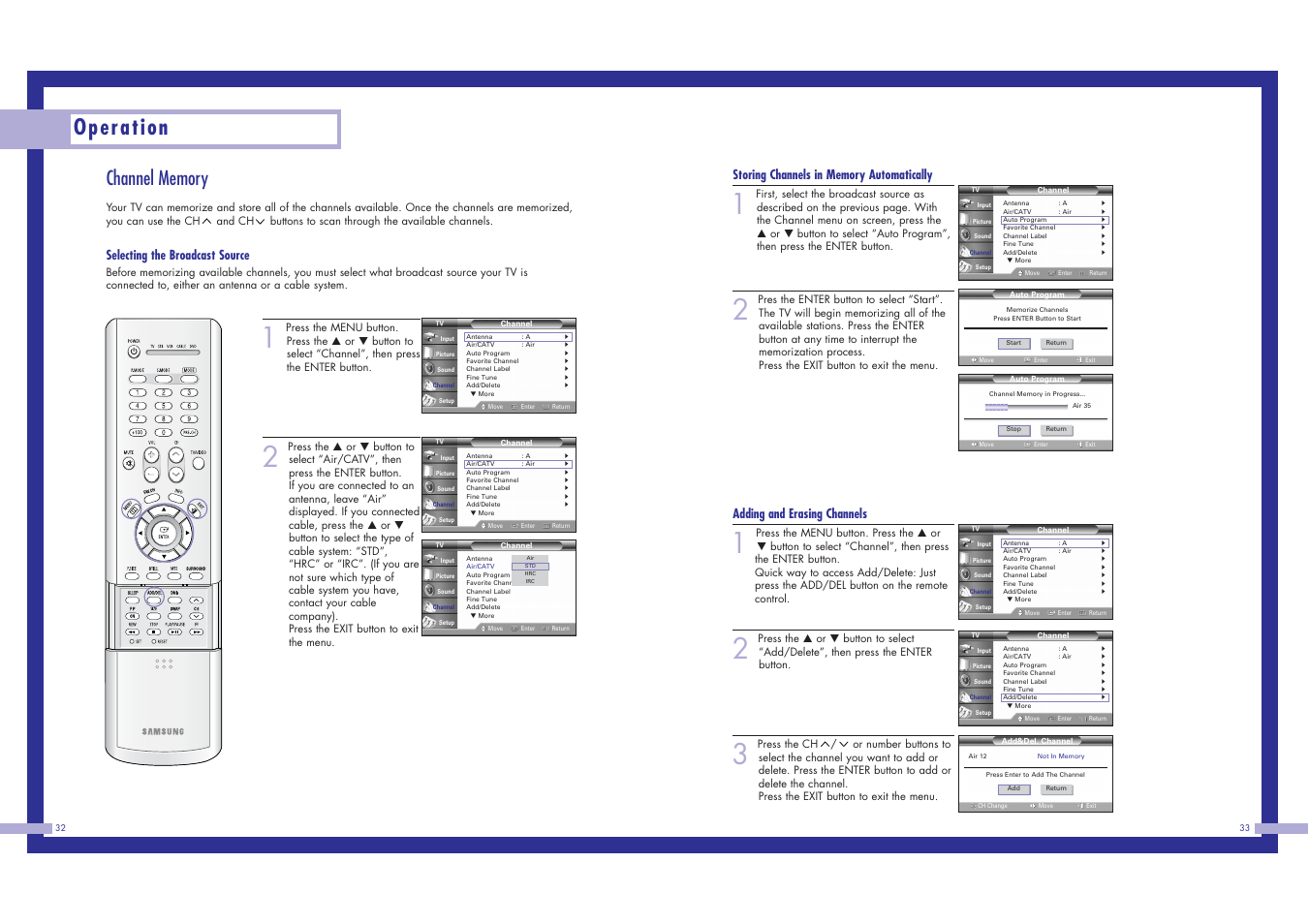 Operation, Adding and erasing channels, Selecting the broadcast source | Samsung HLN617W1 User Manual | Page 17 / 48