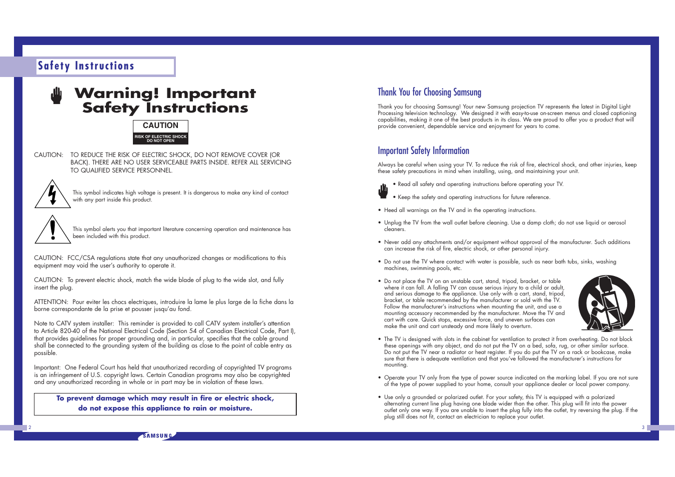 Warning! important safety instructions, Safety instructions, Important safety information | Samsung HLN617W1 User Manual | Page 2 / 48