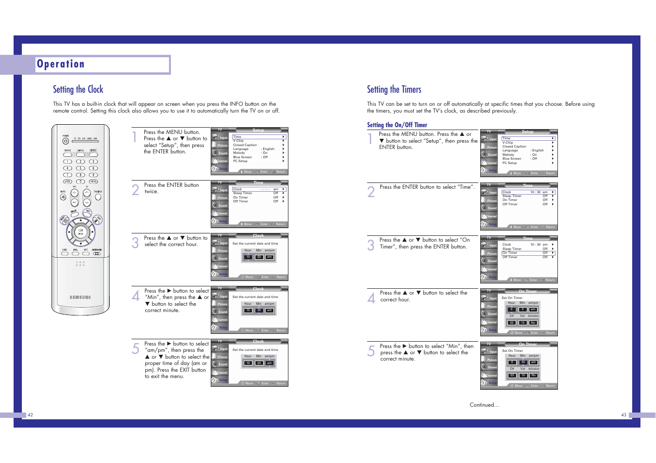 Operation, Setting the timers, Setting the clock | Setting the on/off timer | Samsung HLN617W1 User Manual | Page 22 / 48