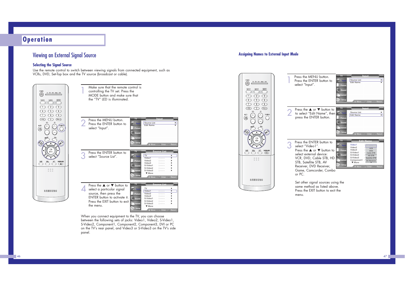 Operation, Viewing an external signal source, Selecting the signal source | Assigning names to external input mode | Samsung HLN617W1 User Manual | Page 24 / 48