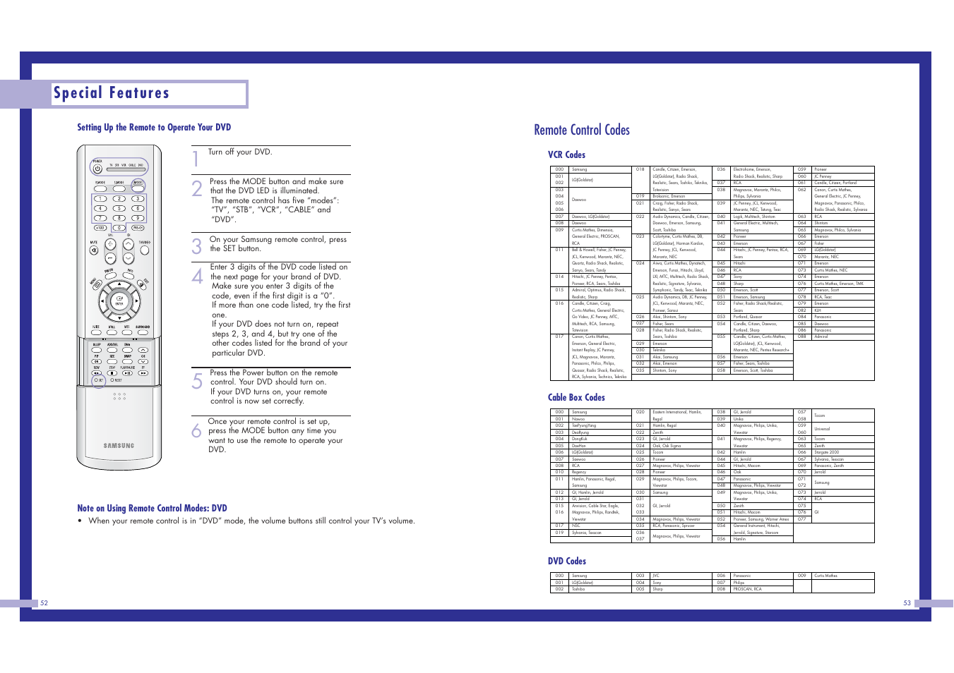 Special features, Remote control codes | Samsung HLN617W1 User Manual | Page 27 / 48
