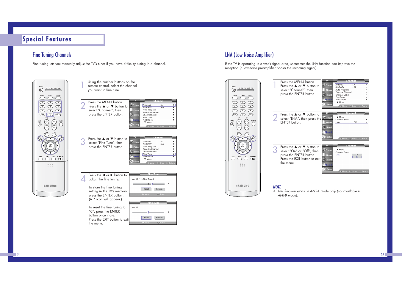 Special features, Lna (low noise amplifier), Fine tuning channels | Samsung HLN617W1 User Manual | Page 28 / 48