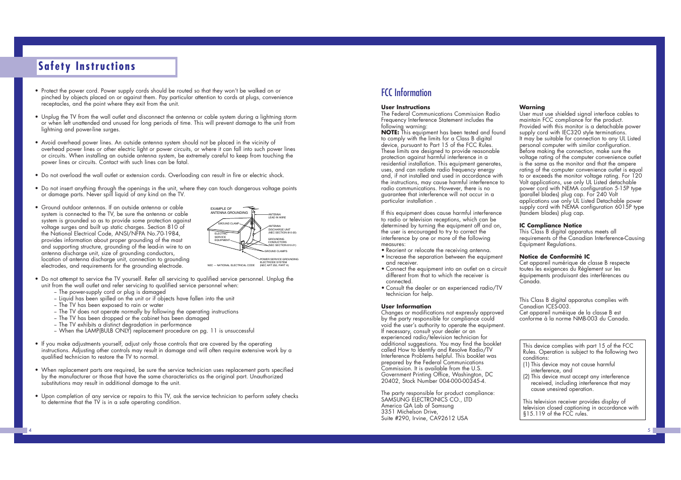 Safety instructions, Fcc information | Samsung HLN617W1 User Manual | Page 3 / 48