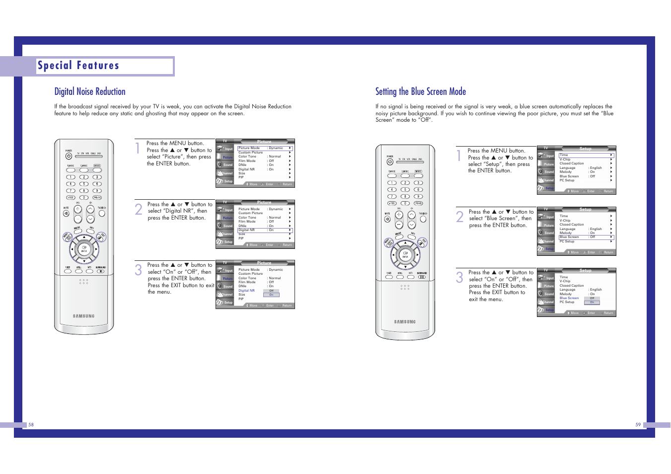 Special features, Setting the blue screen mode, Digital noise reduction | Samsung HLN617W1 User Manual | Page 30 / 48