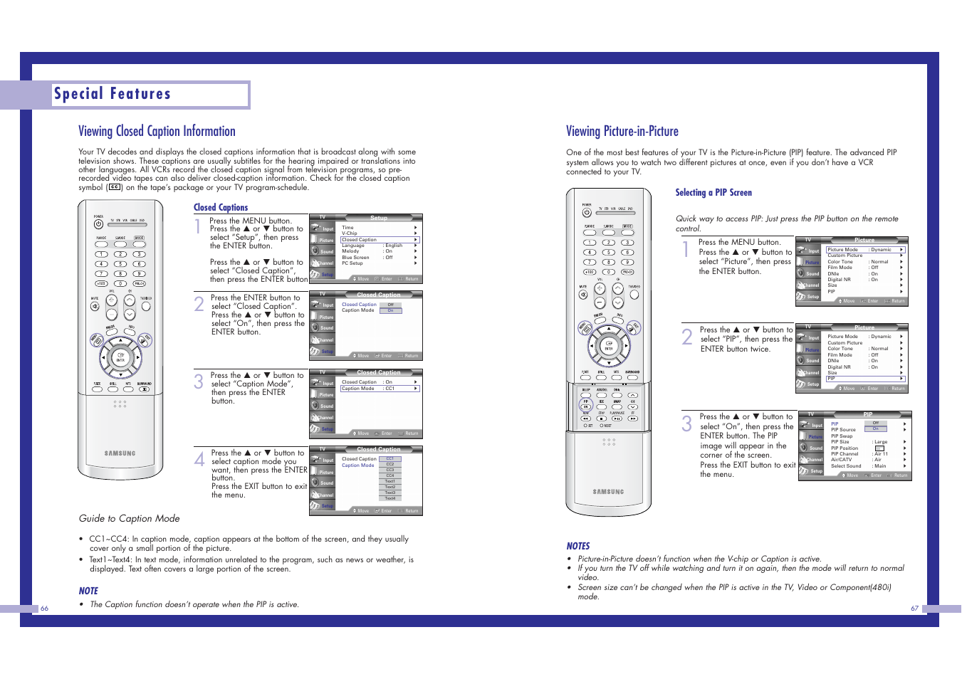 Special features, Viewing picture-in-picture, Viewing closed caption information | Selecting a pip screen, Closed captions, Guide to caption mode | Samsung HLN617W1 User Manual | Page 34 / 48