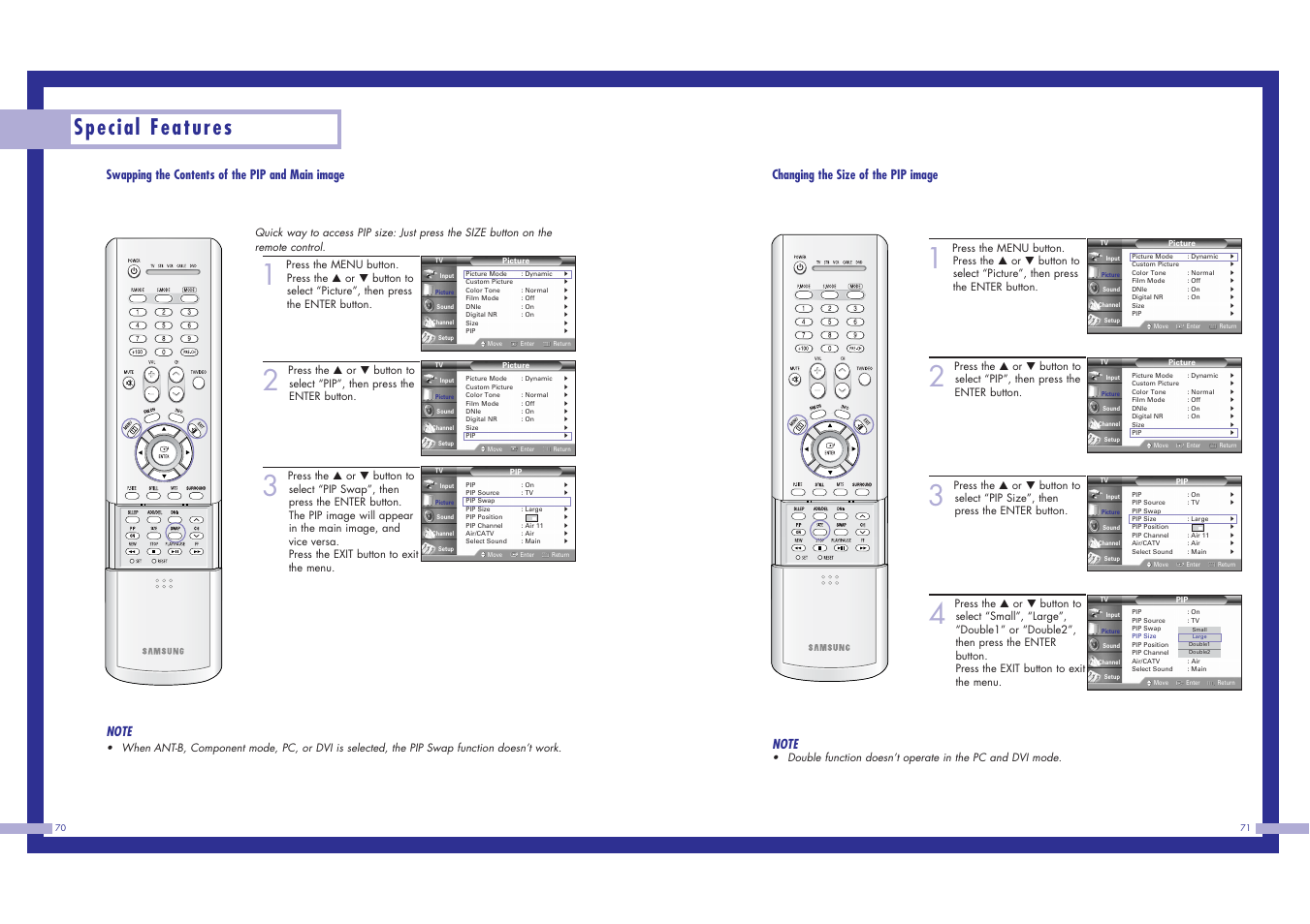 Special features, Changing the size of the pip image, Swapping the contents of the pip and main image | Samsung HLN617W1 User Manual | Page 36 / 48