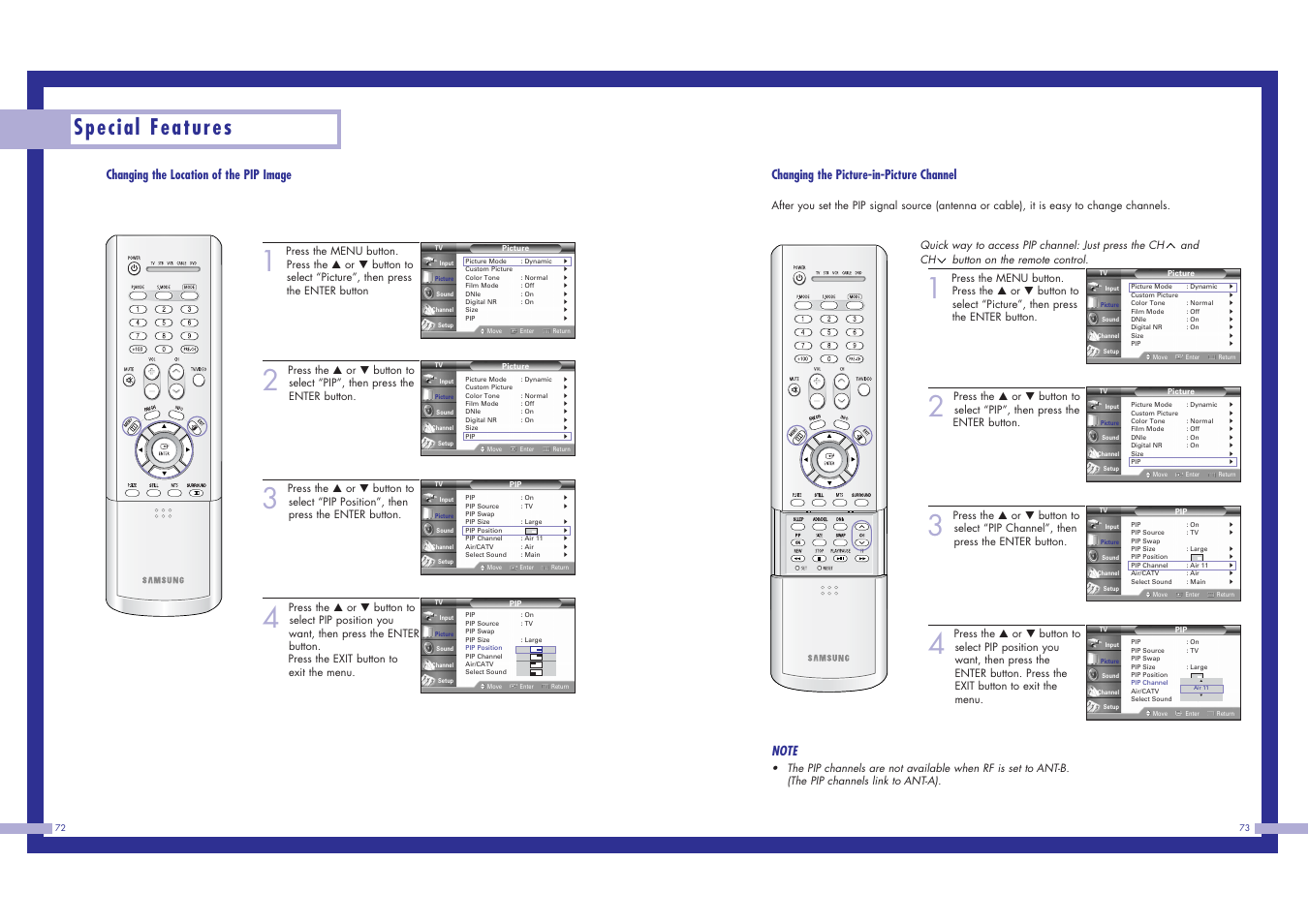 Special features, Changing the picture-in-picture channel, Changing the location of the pip image | Samsung HLN617W1 User Manual | Page 37 / 48