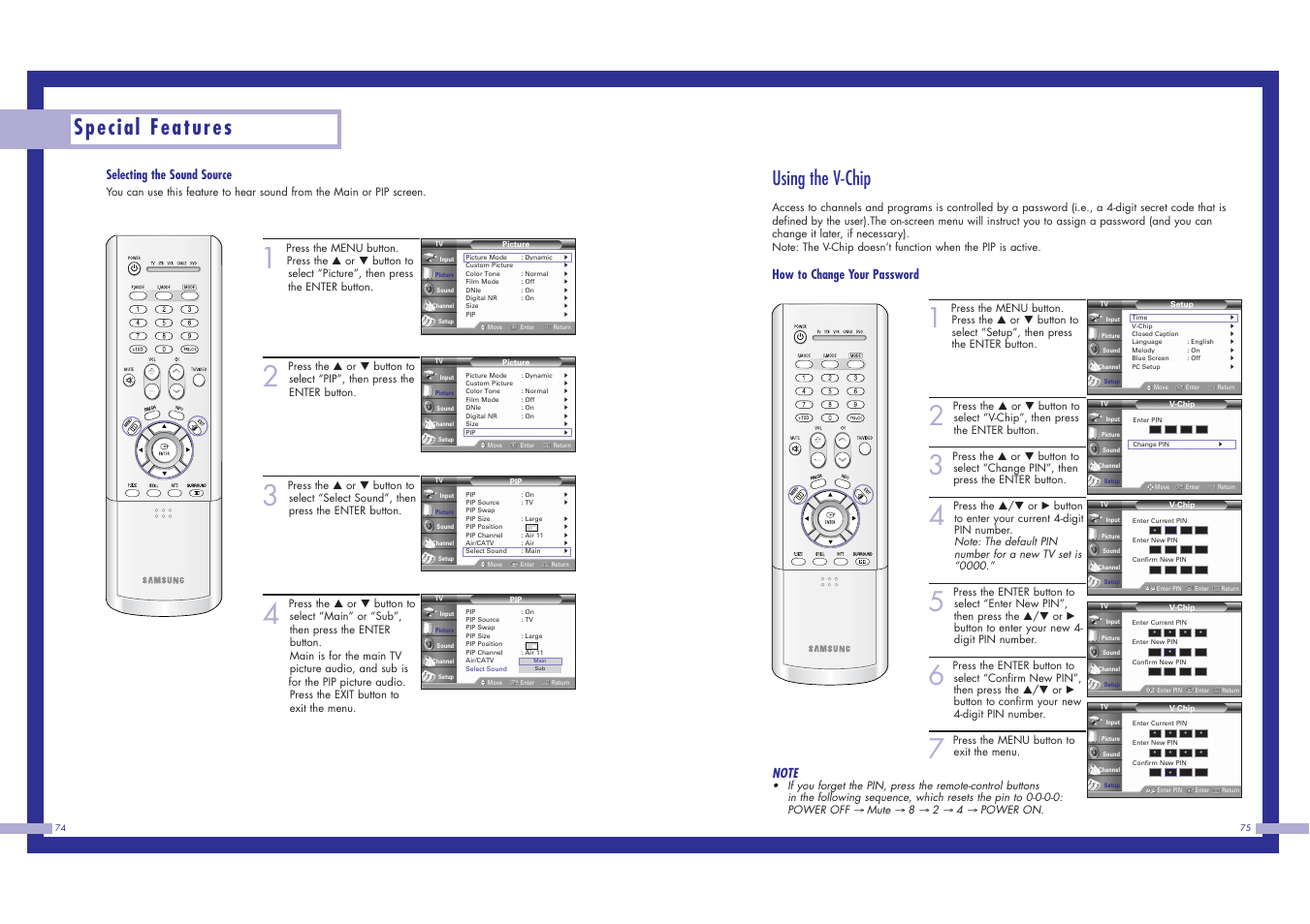 Special features, Using the v-chip, How to change your password | Selecting the sound source | Samsung HLN617W1 User Manual | Page 38 / 48