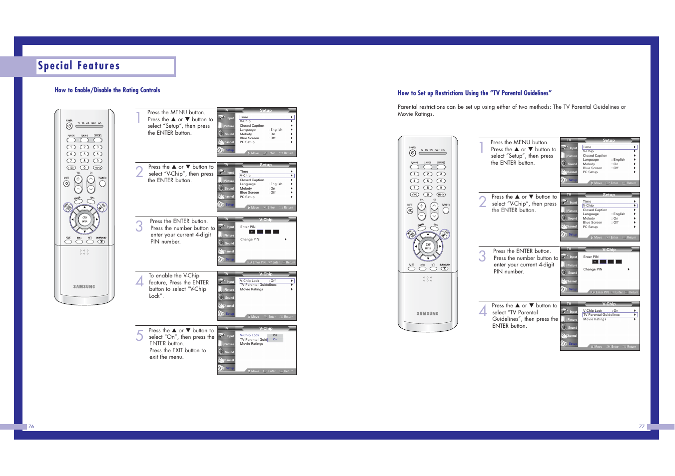 Special features, How to enable/disable the rating controls | Samsung HLN617W1 User Manual | Page 39 / 48