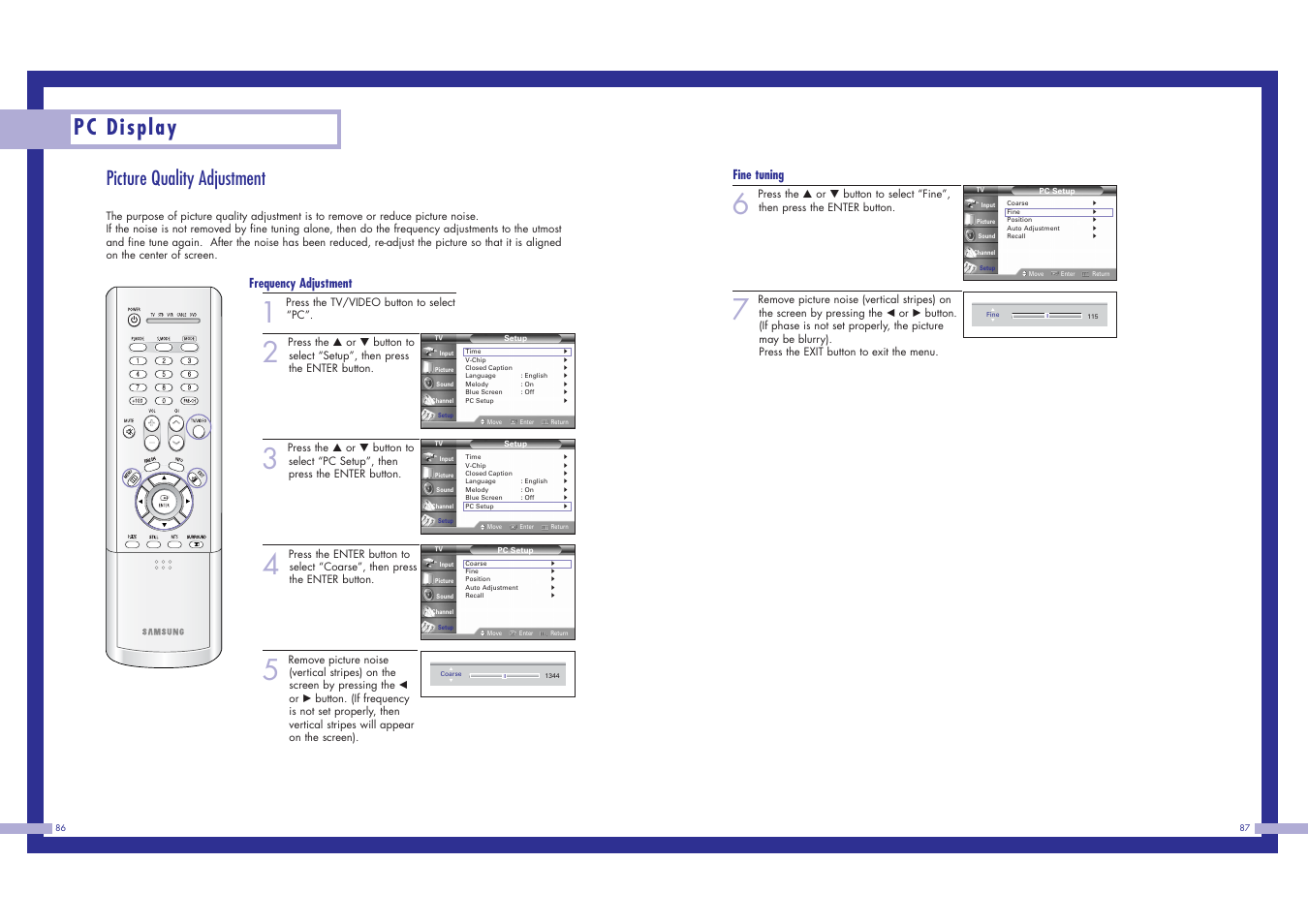 Pc display, Picture quality adjustment, Fine tuning | Frequency adjustment | Samsung HLN617W1 User Manual | Page 44 / 48