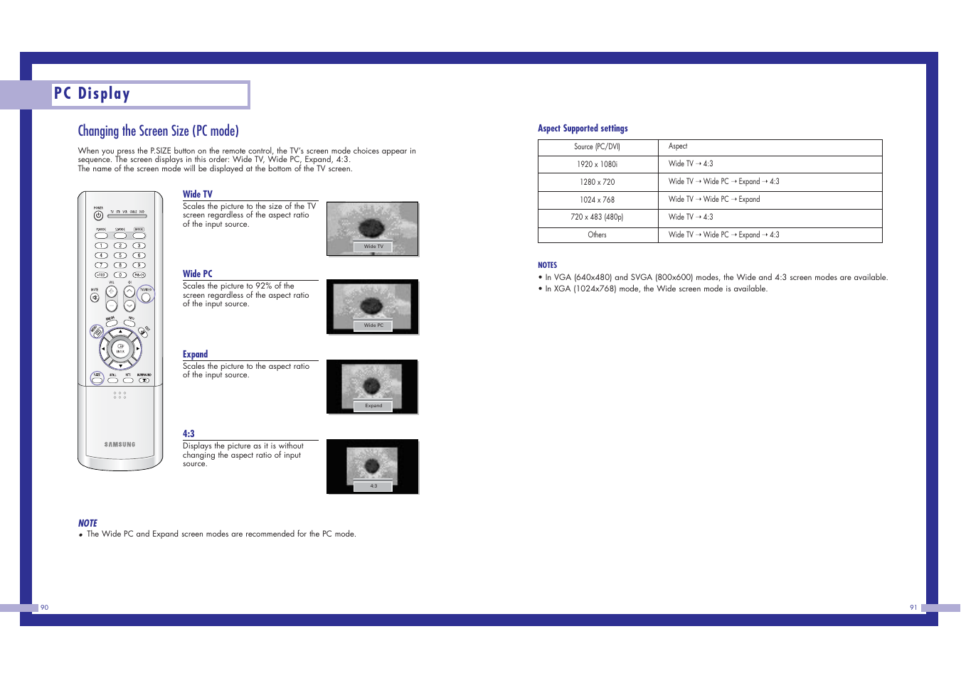 Pc display, Changing the screen size (pc mode) | Samsung HLN617W1 User Manual | Page 46 / 48