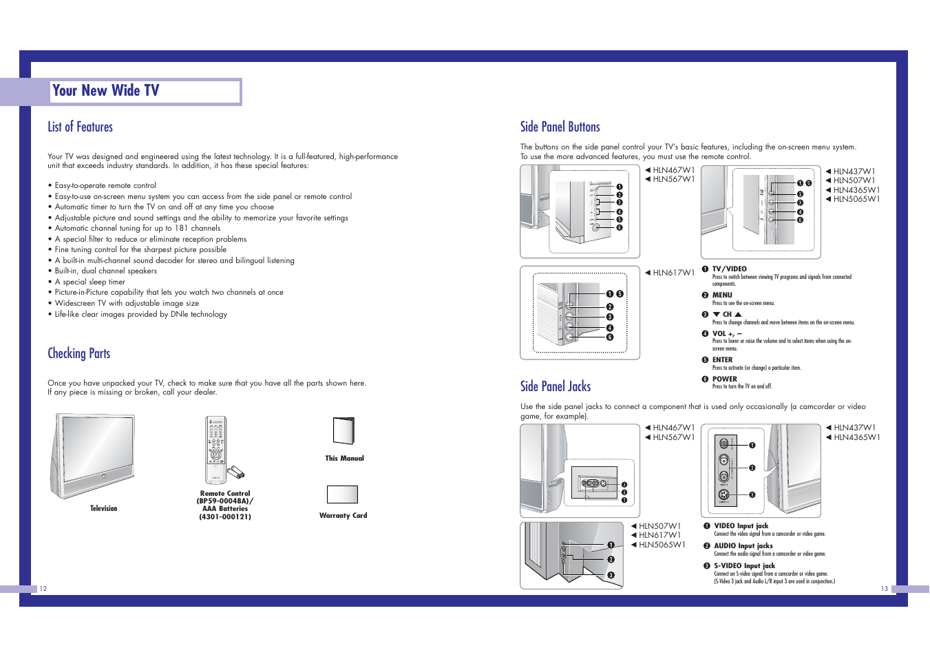 Your new wide tv, Side panel buttons, Side panel jacks | List of features, Checking parts | Samsung HLN617W1 User Manual | Page 7 / 48