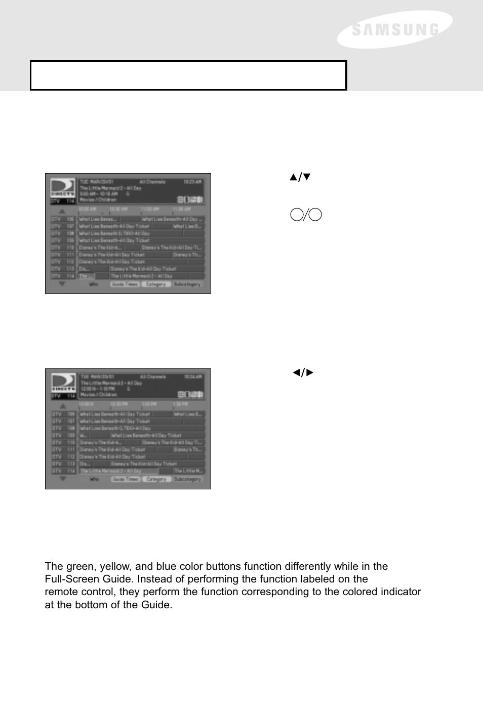 Menu overview: guide, Scr olling olling, Color button functions | Samsung SIR-S60W User Manual | Page 31 / 61