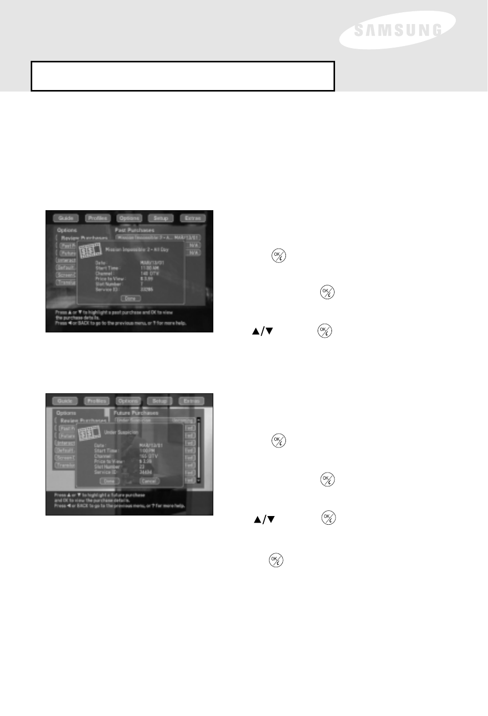 Menu overview: options, Review pur, Review pur chases chases | Samsung SIR-S60W User Manual | Page 44 / 61