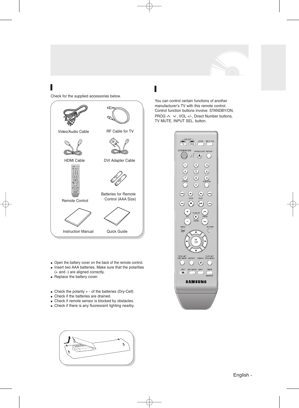 Unpacking, Accessories, Setting the remote control | Preparing the remote control | Samsung DVD-R135 User Manual | Page 11 / 90