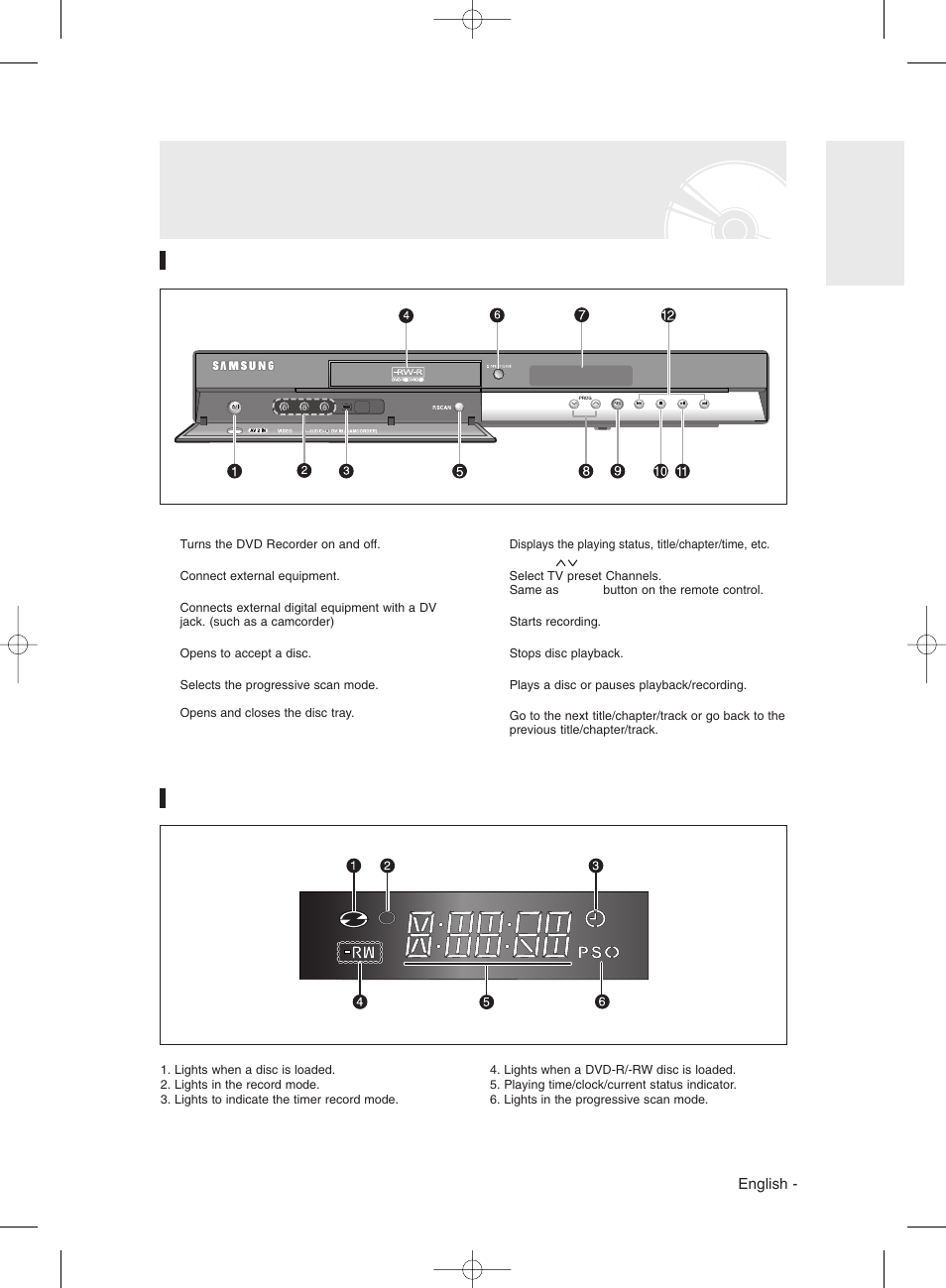 Description, Front panel, Front panel display | Samsung DVD-R135 User Manual | Page 13 / 90